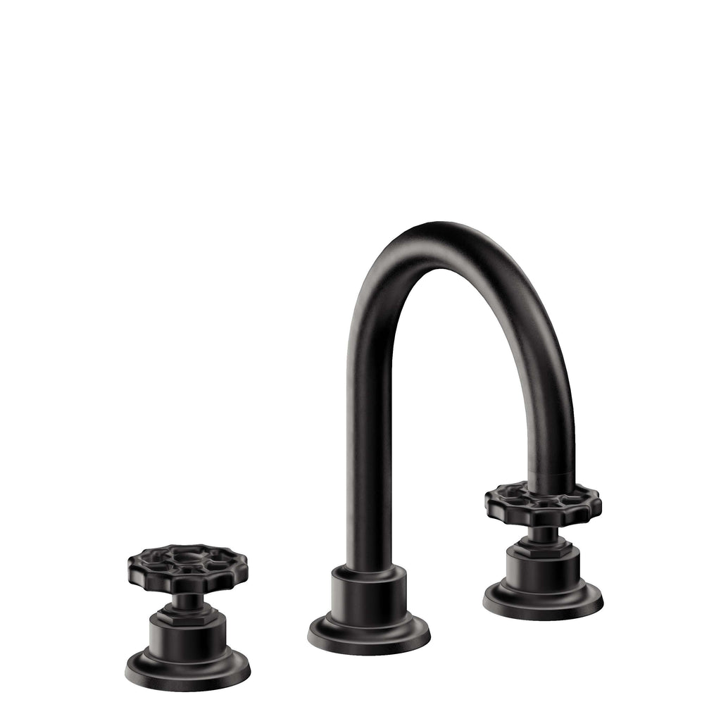 California Faucets Descanso Works 8" Llave de Lavabo de 3 Orificios para Cubierta, con Dos Manerales - Pico de Arco - Negro Mate