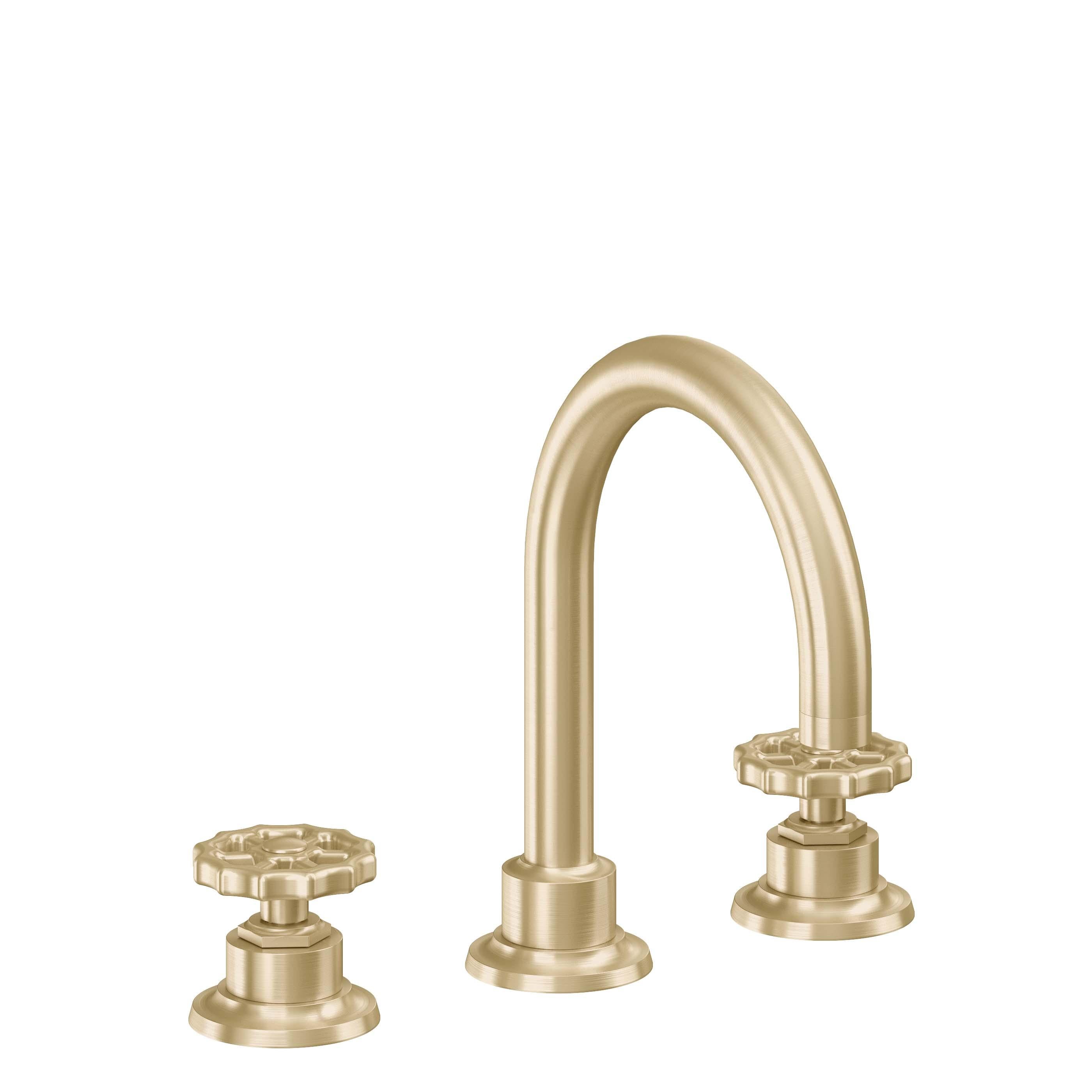 California Faucets Descanso Works 8" Llave de Lavabo de 3 Orificios para Cubierta, con Dos Manerales - Pico de Arco - Latón Satinado