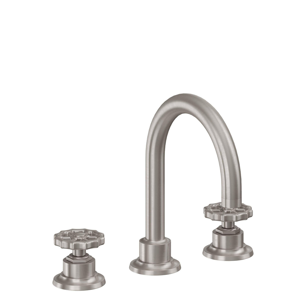 California Faucets Descanso Works 8" Llave de Lavabo de 3 Orificios para Cubierta, con Dos Manerales - Pico de Arco - Níquel Satinado