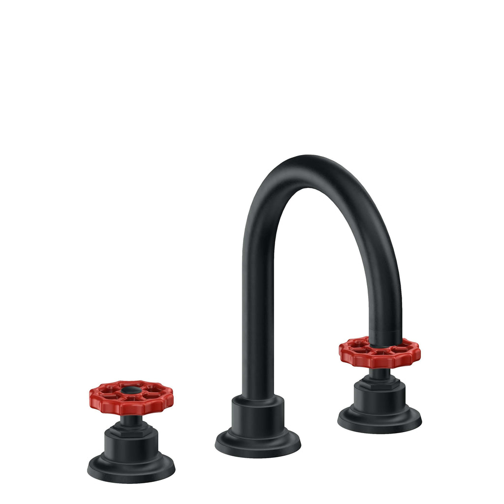 California Faucets Descanso Works 8" Llave de Lavabo de 3 Orificios para Cubierta, con Dos Manerales - Pico de Arco - Carbón