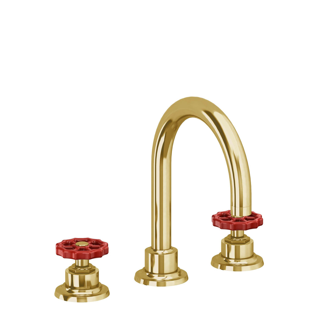 California Faucets Descanso Works 8" Llave de Lavabo de 3 Orificios para Cubierta, con Dos Manerales - Pico de Arco - Oro Pulido de por Vida