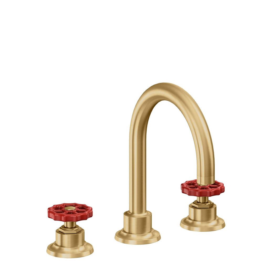 California Faucets Descanso Works 8" Llave de Lavabo de 3 Orificios para Cubierta, con Dos Manerales - Pico de Arco - Oro Satinado de por Vida