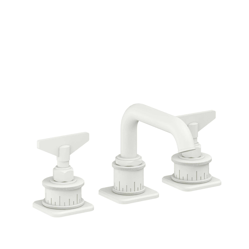 California Faucets Steampunk Bay 8" Llave de Lavabo de 3 Orificios para Cubierta, con Dos Manerales - Pico Quad Bajo - Blanco Mate