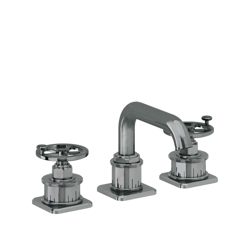 California Faucets Steampunk Bay 8" Llave de Lavabo de 3 Orificios para Cubierta, con Dos Manerales - Pico Quad Bajo - Níquel Negro