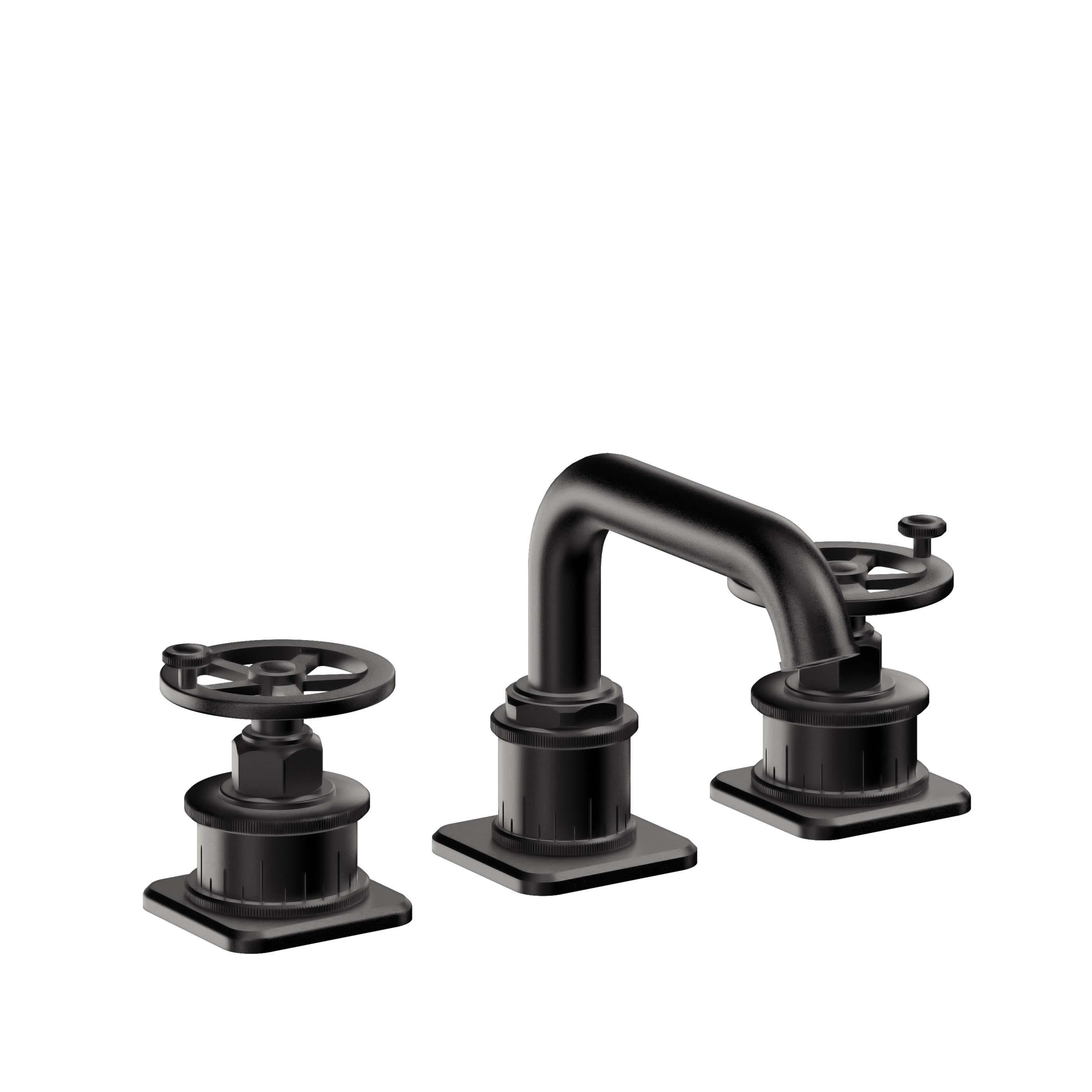 California Faucets Steampunk Bay 8" Llave de Lavabo de 3 Orificios para Cubierta, con Dos Manerales - Pico Quad Bajo - Negro Mate