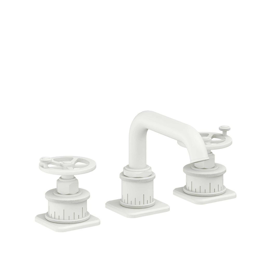 California Faucets Steampunk Bay 8" Llave de Lavabo de 3 Orificios para Cubierta, con Dos Manerales - Pico Quad Bajo - Blanco Mate