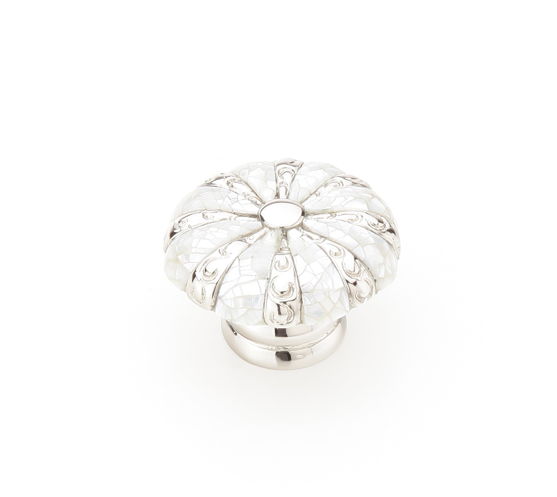 Schaub Perilla Mother Pearl Redonda, 1-3/8" diám. — Níquel Pulido