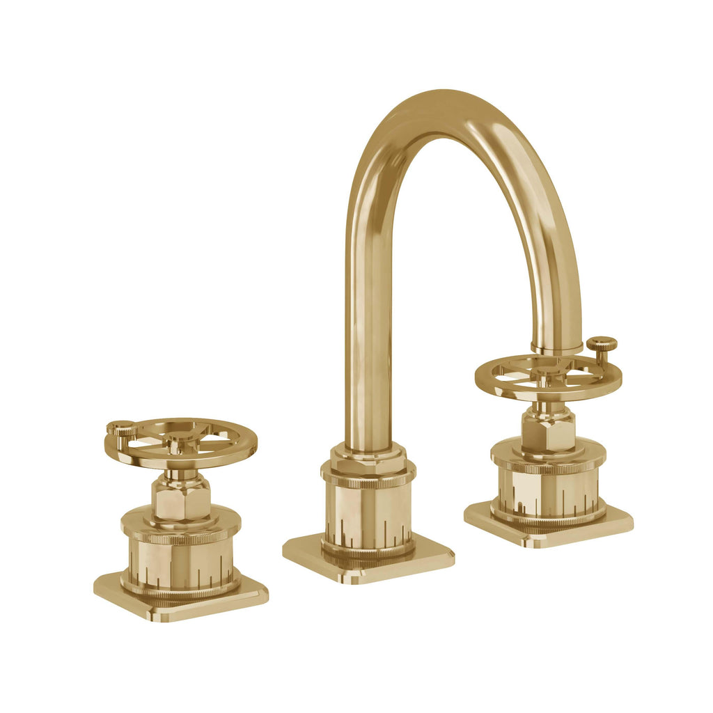California Faucets Steampunk Bay 8" Llave de Lavabo de 3 Orificios para Cubierta, con Dos Manerales - Pico de Arco - Oro Francés