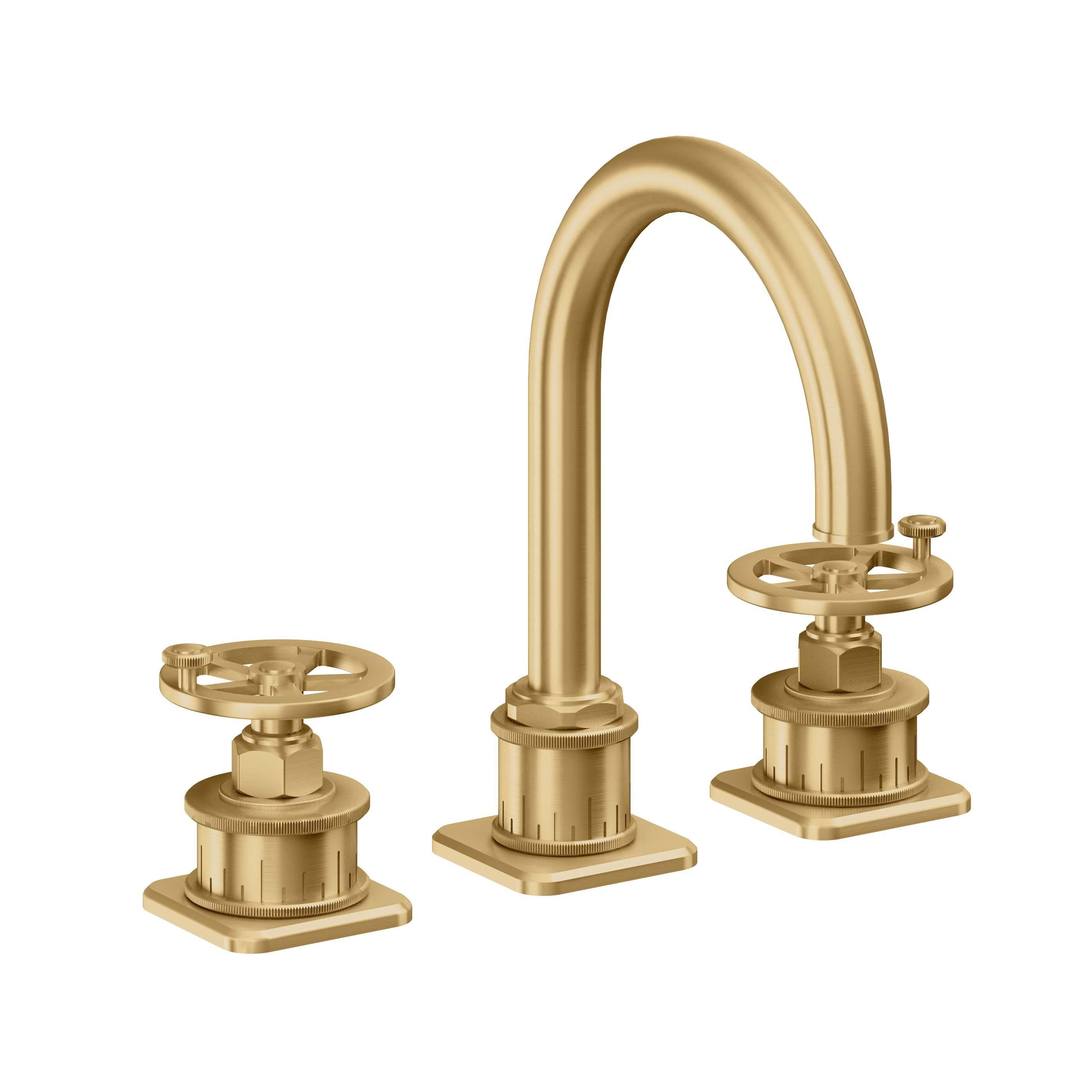 California Faucets Steampunk Bay 8" Llave de Lavabo de 3 Orificios para Cubierta, con Dos Manerales - Pico de Arco - Oro Satinado de por Vida