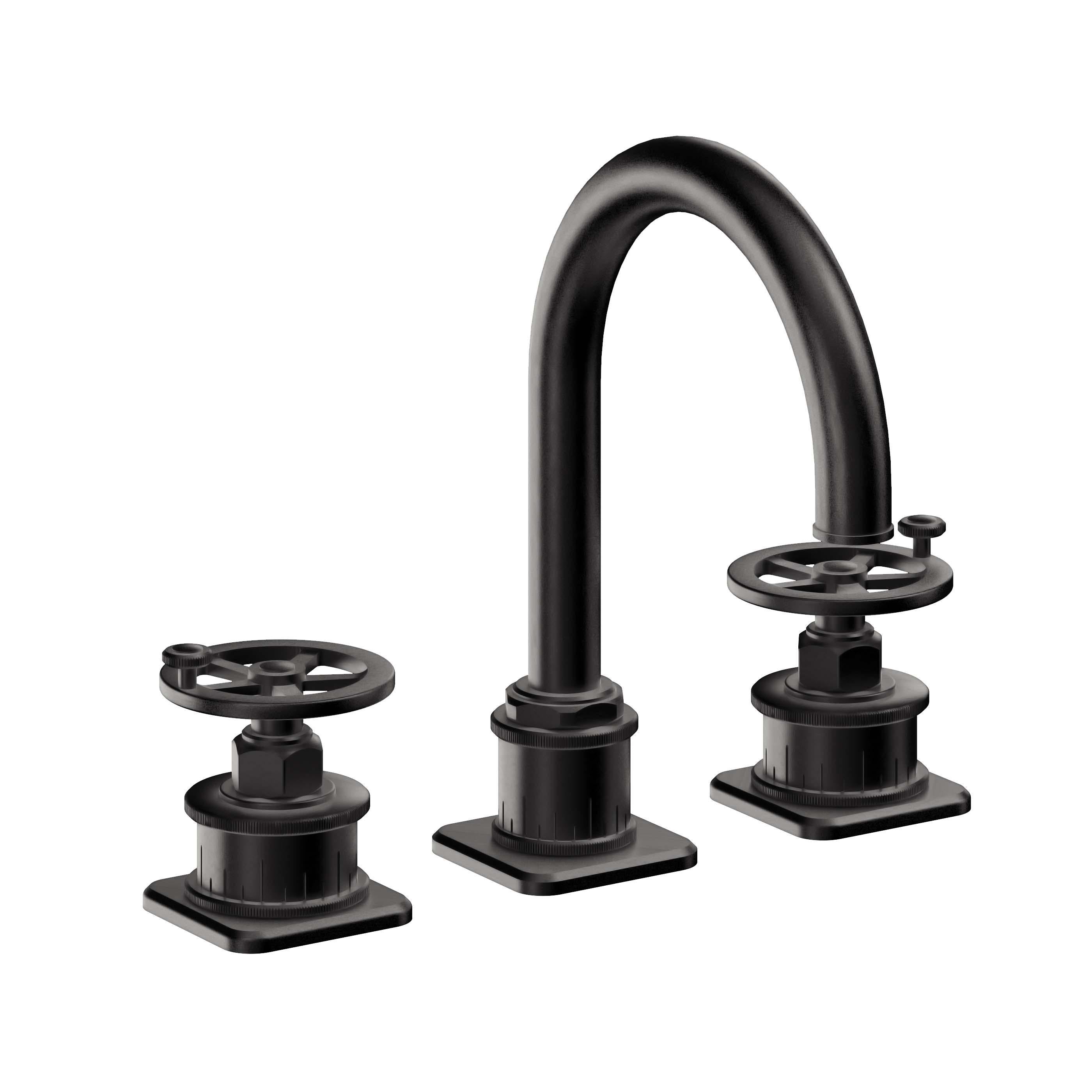 California Faucets Steampunk Bay 8" Llave de Lavabo de 3 Orificios para Cubierta, con Dos Manerales - Pico de Arco - Negro Mate