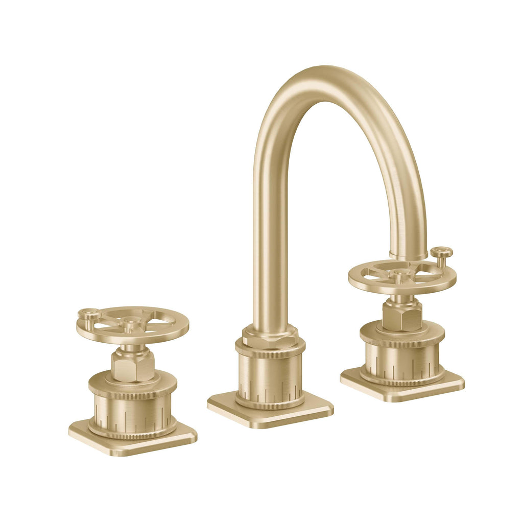 California Faucets Steampunk Bay 8" Llave de Lavabo de 3 Orificios para Cubierta, con Dos Manerales - Pico de Arco - Latón Satinado