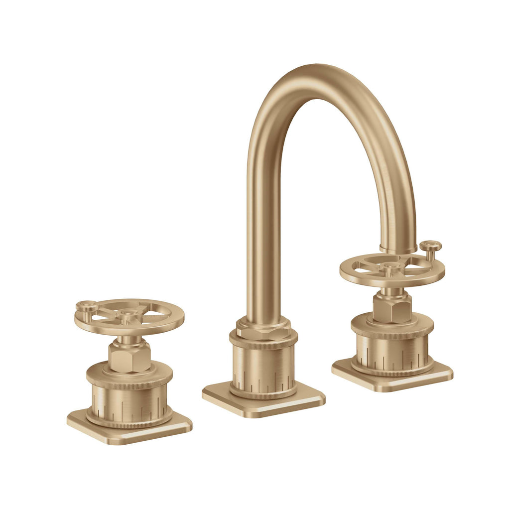 California Faucets Steampunk Bay 8" Llave de Lavabo de 3 Orificios para Cubierta, con Dos Manerales - Pico de Arco - Bronce Satinado