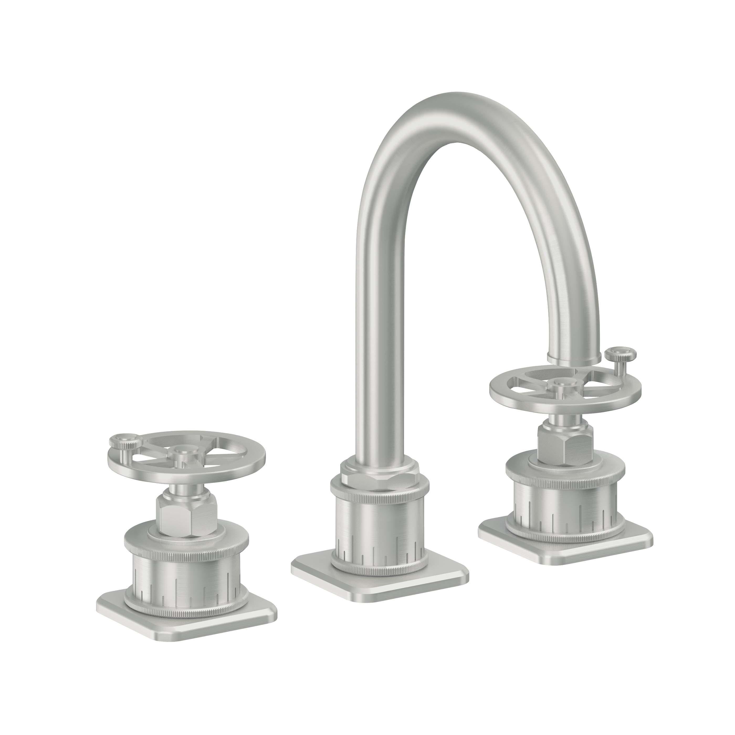 California Faucets Steampunk Bay 8" Llave de Lavabo de 3 Orificios para Cubierta, con Dos Manerales - Pico de Arco - Cromo Satinado