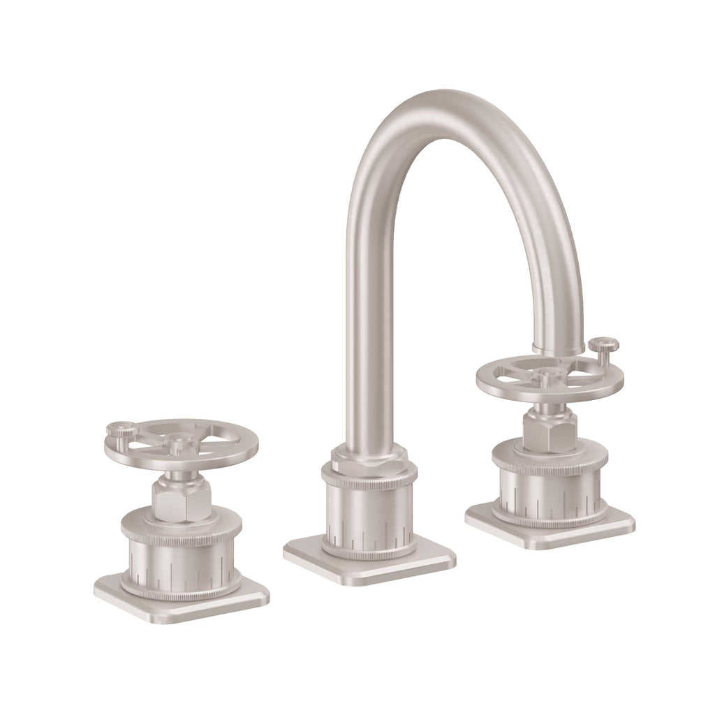 California Faucets Steampunk Bay 8" Llave de Lavabo de 3 Orificios para Cubierta, con Dos Manerales - Pico de Arco - Níquel Satinado