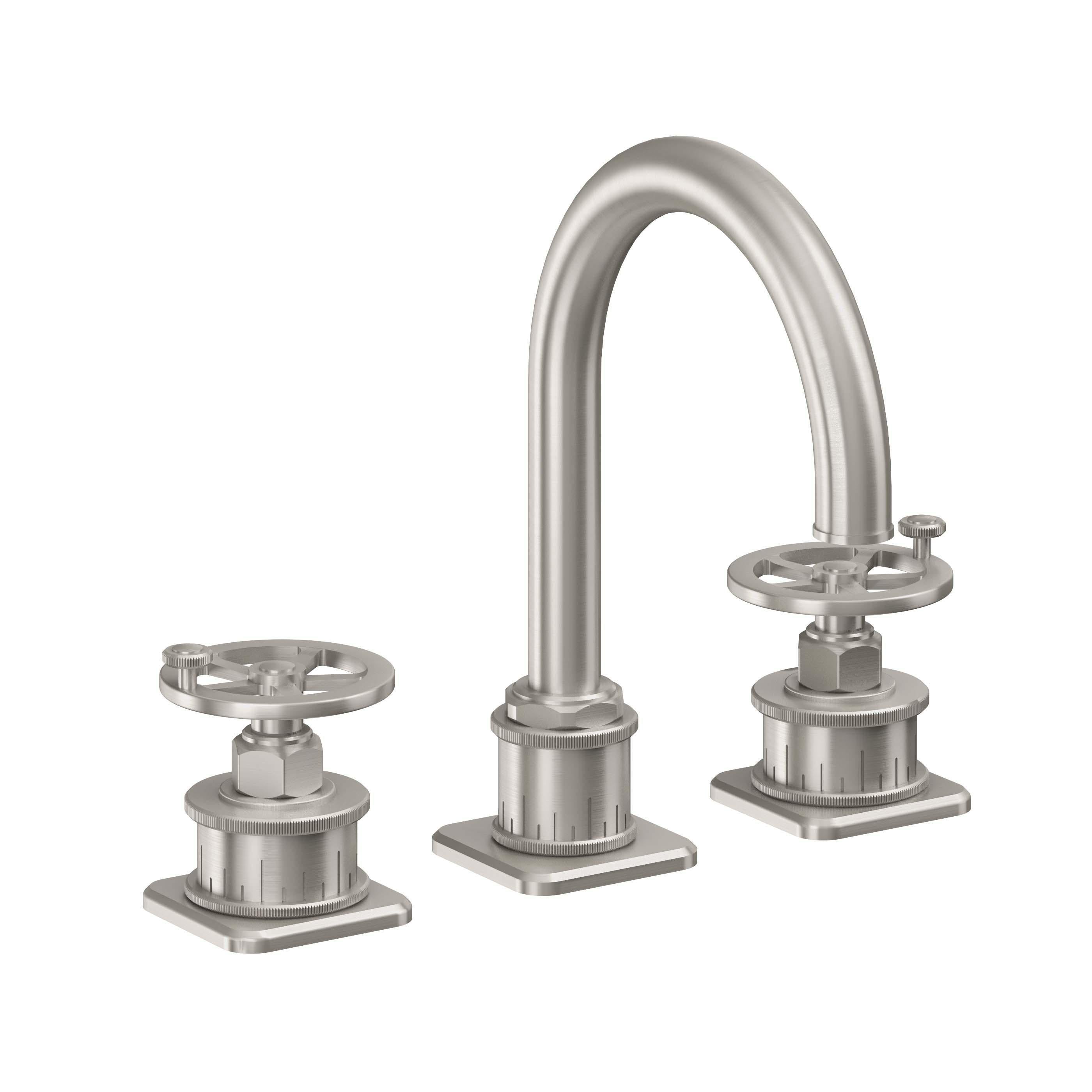 California Faucets Steampunk Bay 8" Llave de Lavabo de 3 Orificios para Cubierta, con Dos Manerales - Pico de Arco - Acero Inoxidable Ultra
