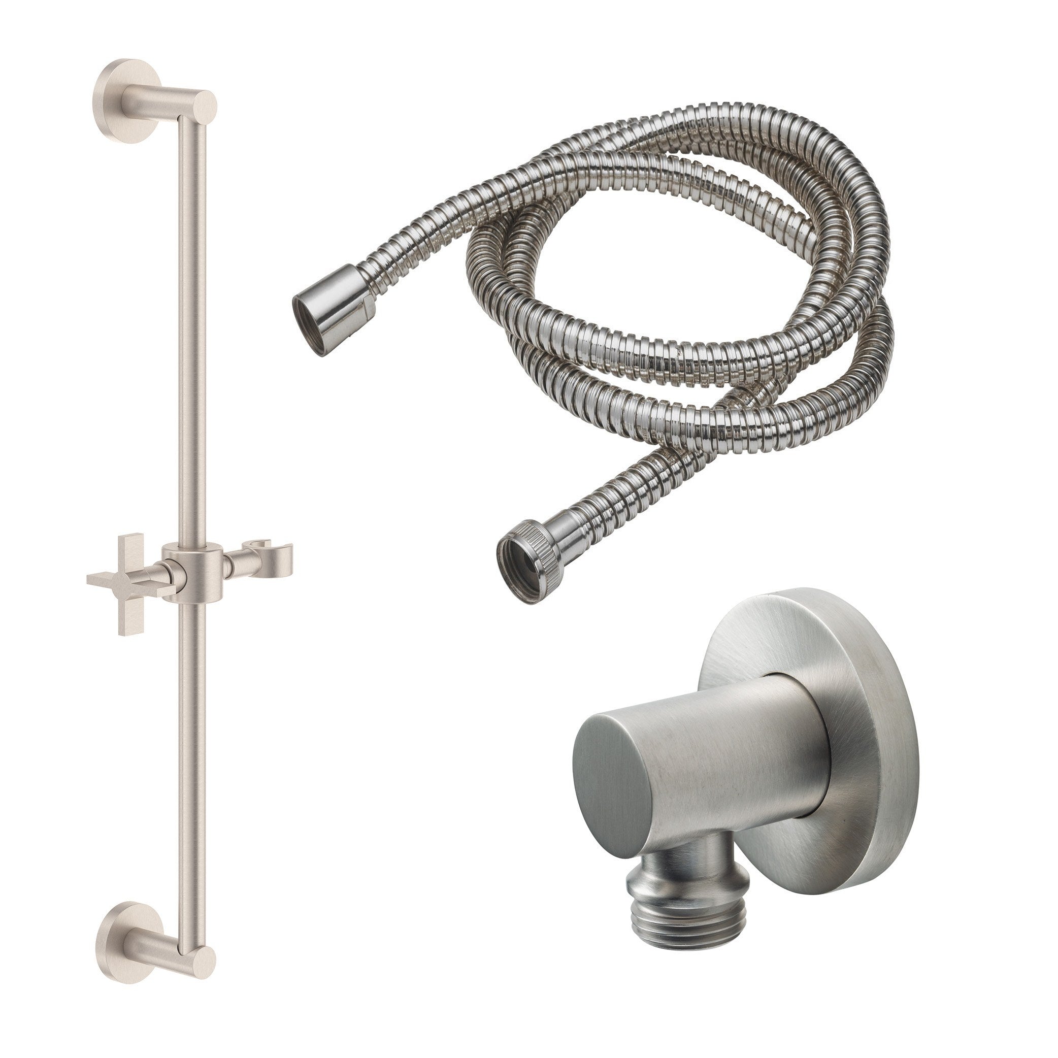 California Faucets Cayucos Kit de Regadera de Mano con Barra Corrediza - Manija de Cruz con Base Redonda - Níquel Satinado
