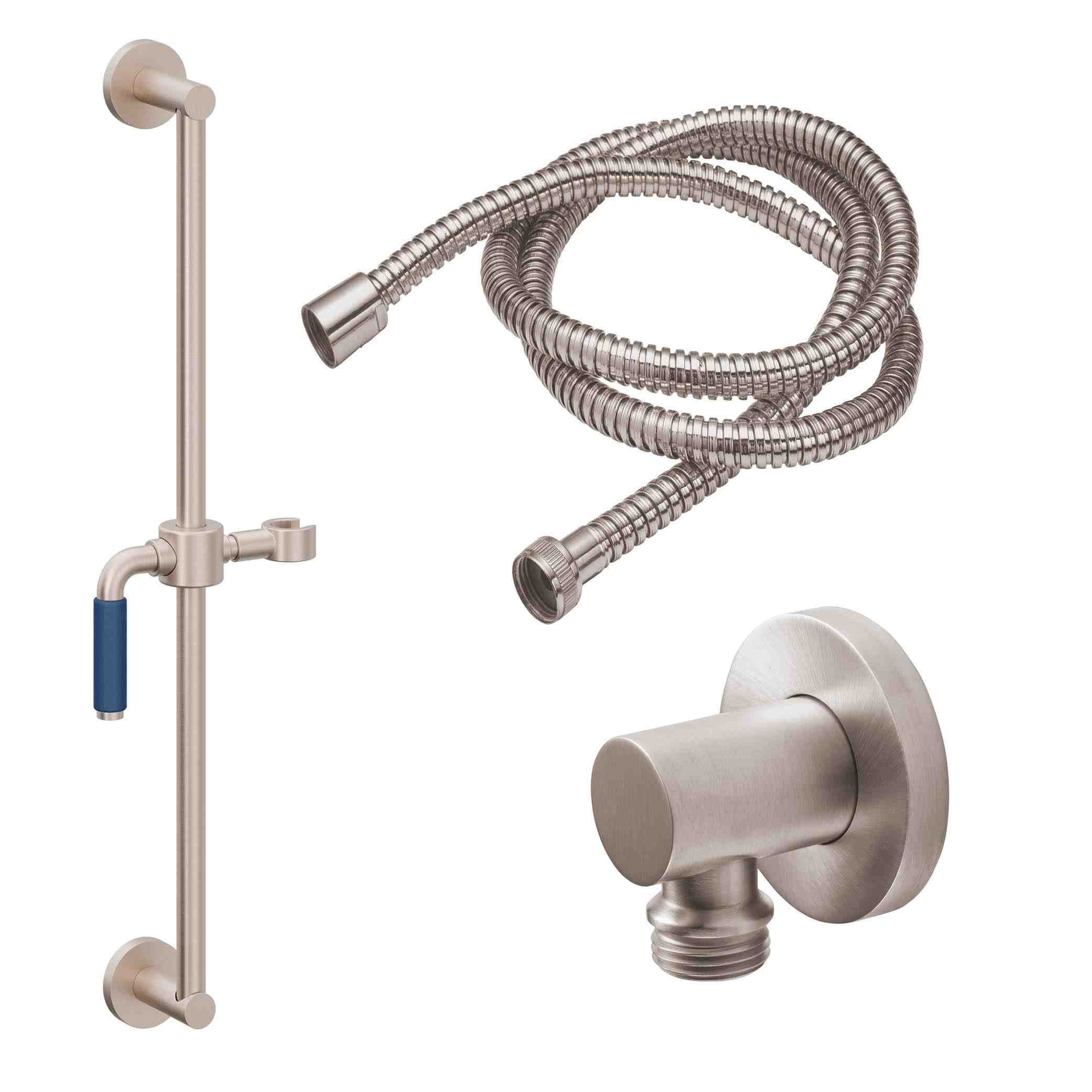 California Faucets Cayucos Kit de Regadera de Mano con Barra Corrediza - Manija de Palanca de Porcelana Azul con Base Redonda - Níquel Satinado