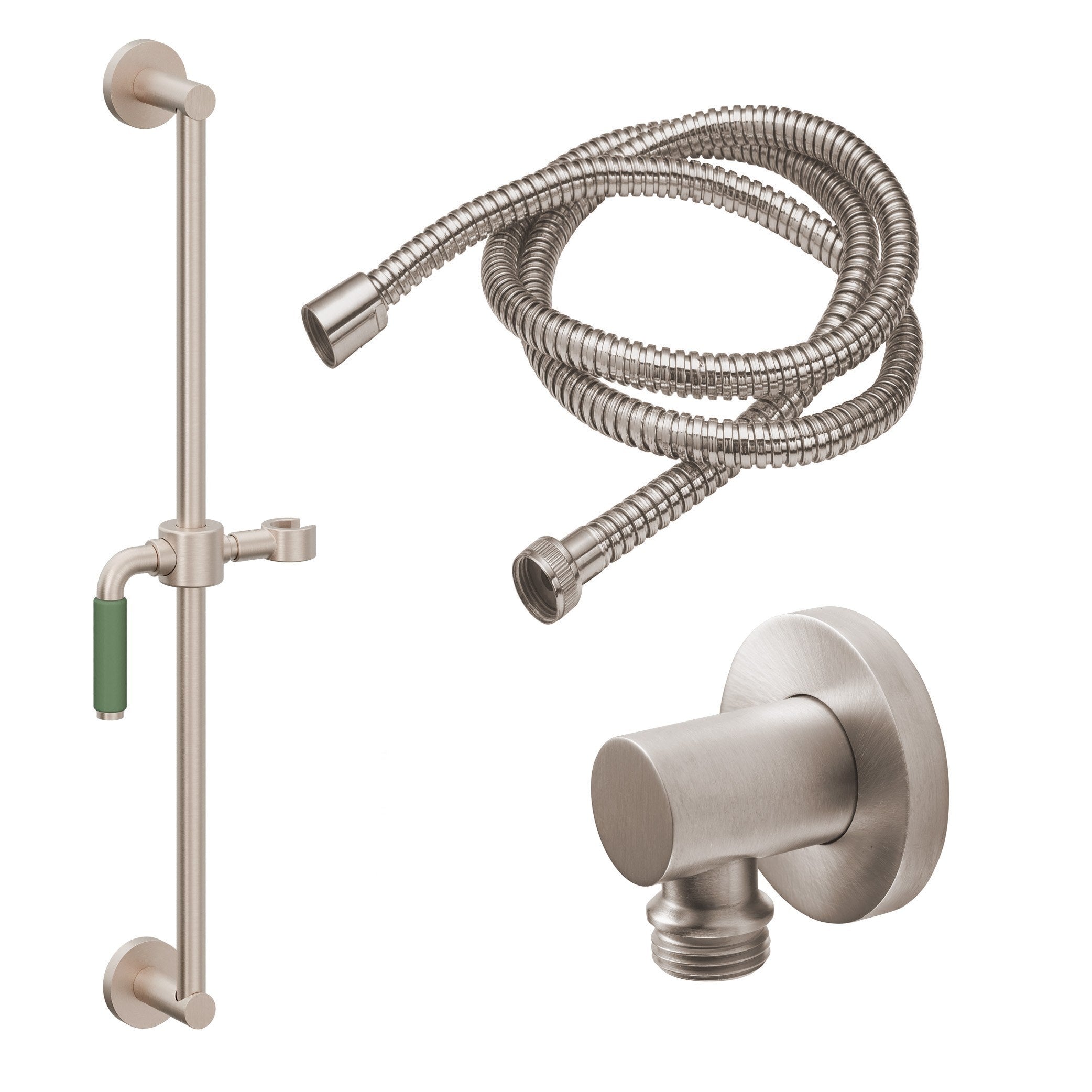 California Faucets Cayucos 24" Kit de Regadera de Mano con Barra de Apoyo - Manija de Palanca de Porcelana Verde con Base de Línea - Níquel Satinado