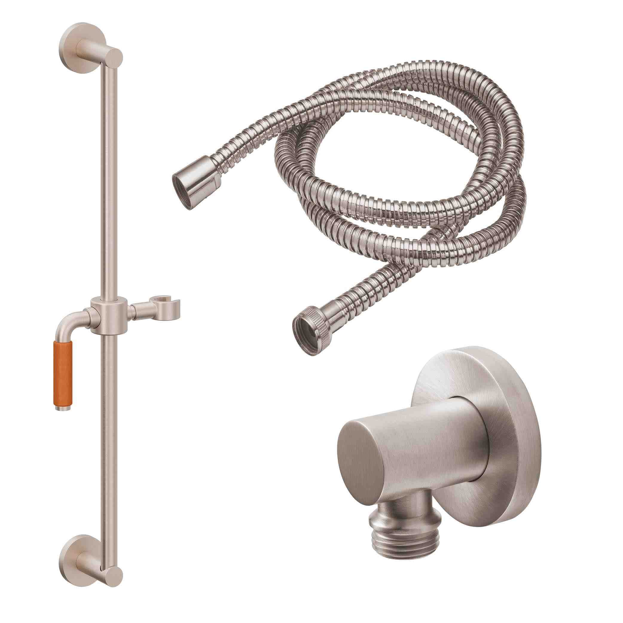 California Faucets Cayucos Kit de Regadera de Mano con Barra Corrediza - Manija de Palanca de Porcelana Naranja con Base Redonda - Níquel Satinado