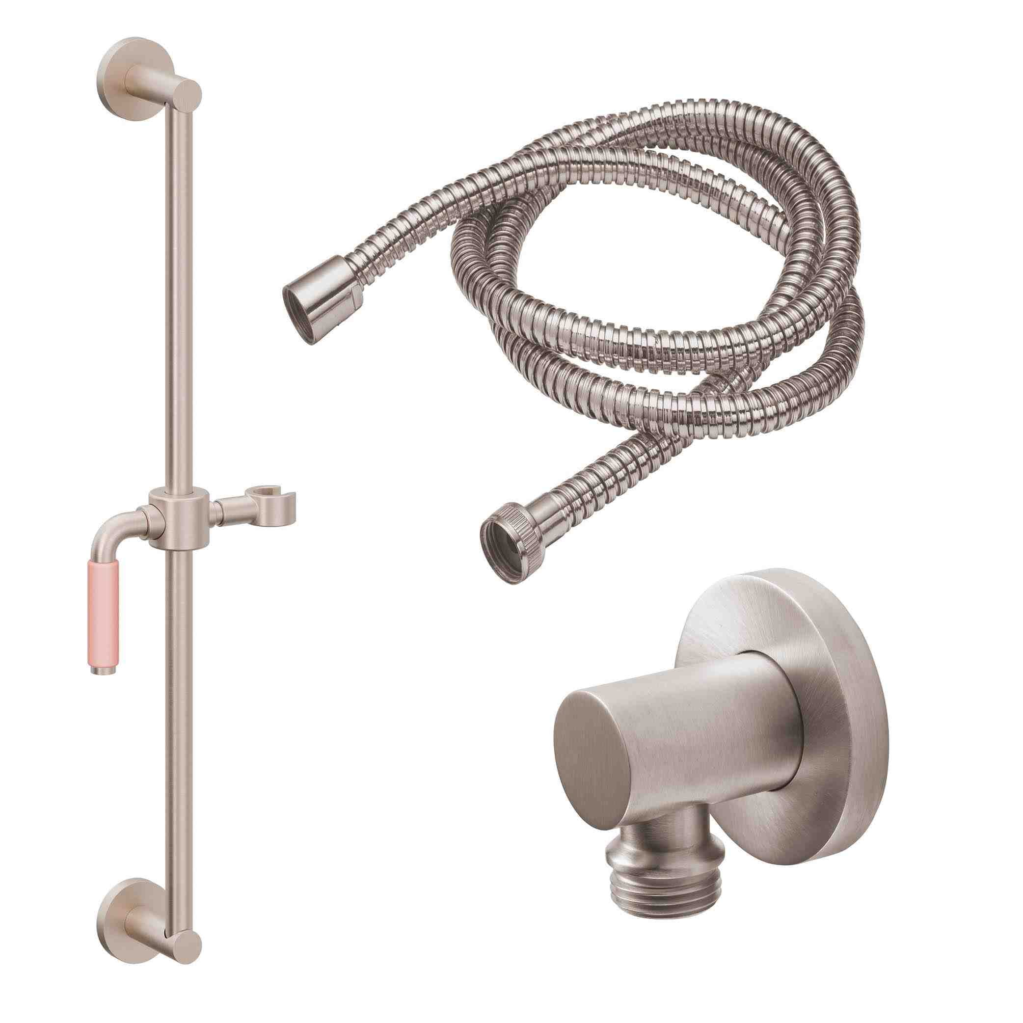 California Faucets Cayucos Kit de Regadera de Mano con Barra Corrediza - Manija de Palanca de Porcelana Rosa con Base Redonda - Níquel Satinado