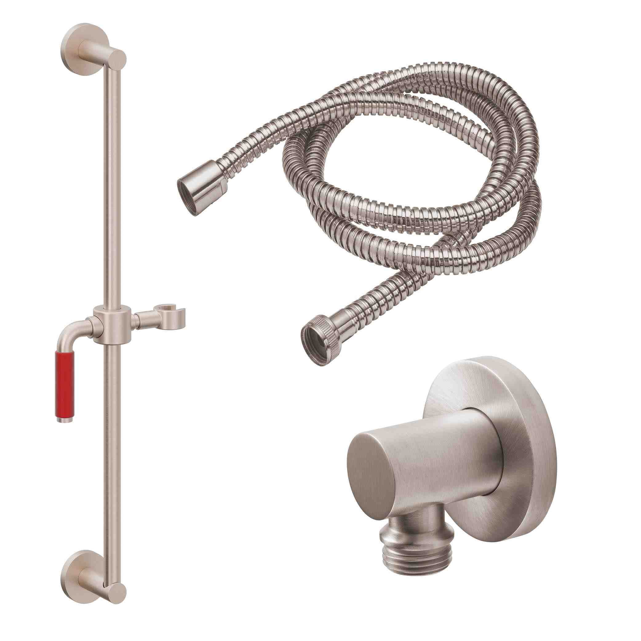 California Faucets Cayucos Kit de Regadera de Mano con Barra Corrediza - Manija de Palanca Roja con Base Redonda - Níquel Satinado