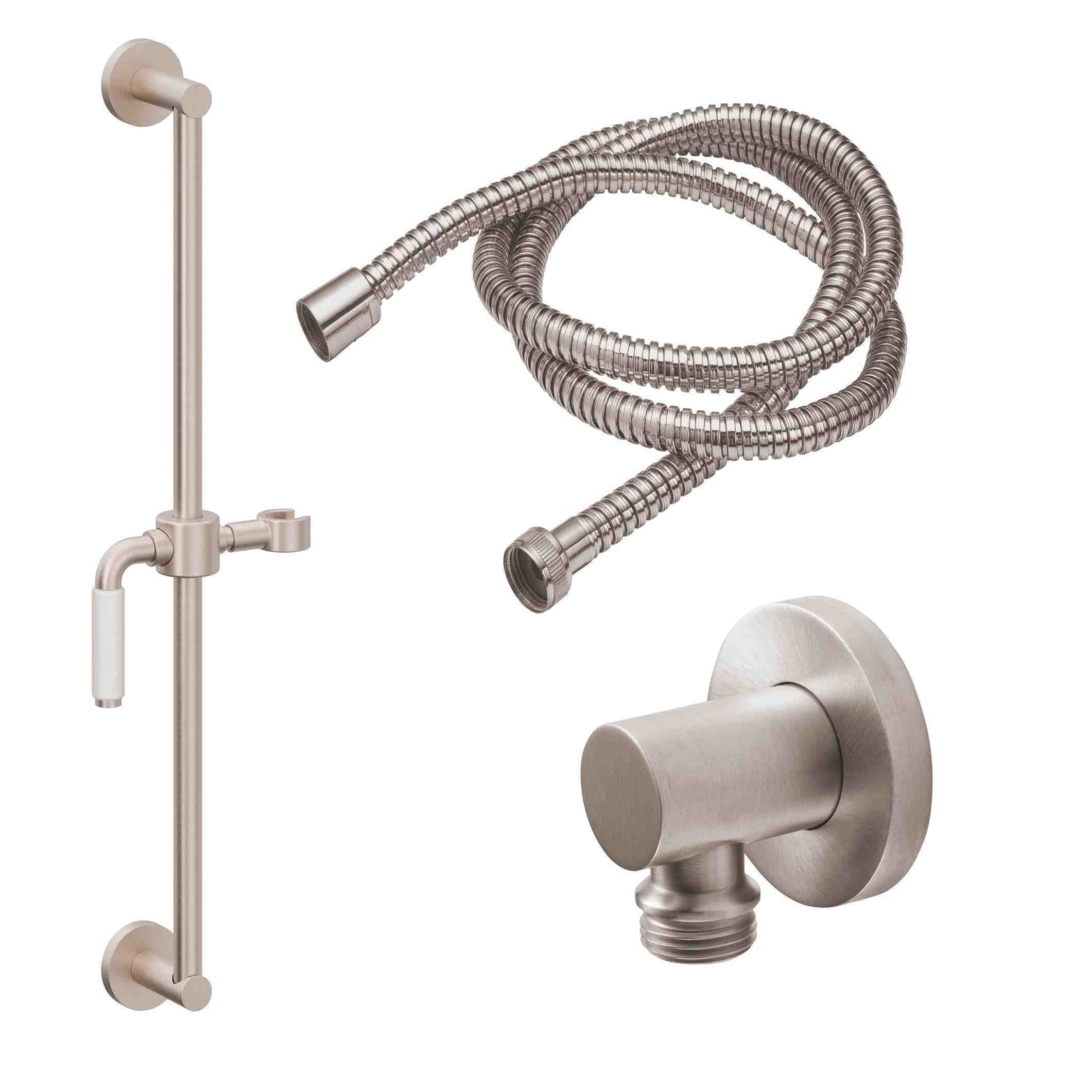 California Faucets Cayucos Kit de Regadera de Mano con Barra Corrediza - Manija de Palanca de Porcelana Blanca con Base Redonda - Níquel Satinado