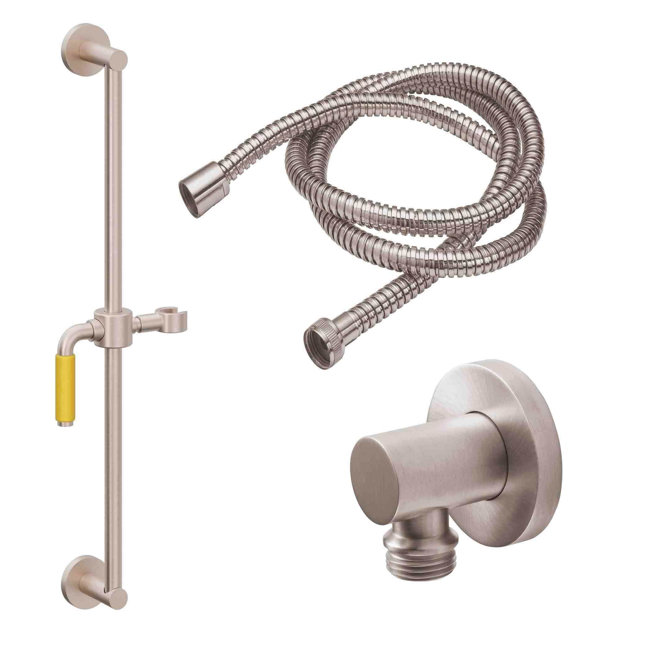 California Faucets Cayucos Kit de Regadera de Mano con Barra Corrediza - Manija de Palanca de Porcelana Amarilla con Base Redonda - Níquel Satinado