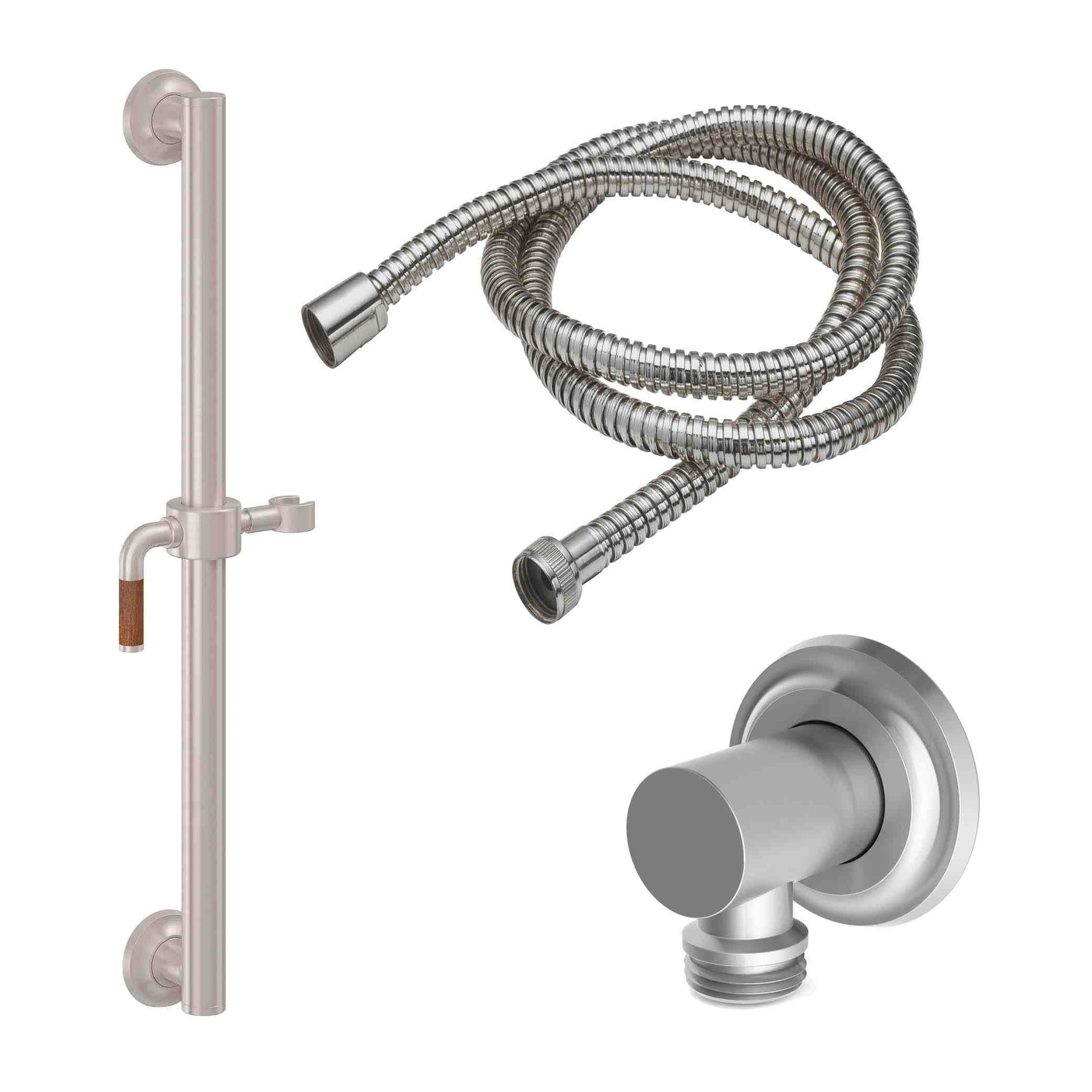 California Faucets Descanso 24" Kit de Regadera de Mano con Barra de Apoyo - Manija de Palanca de Teca con Base Cóncava - Níquel Satinado