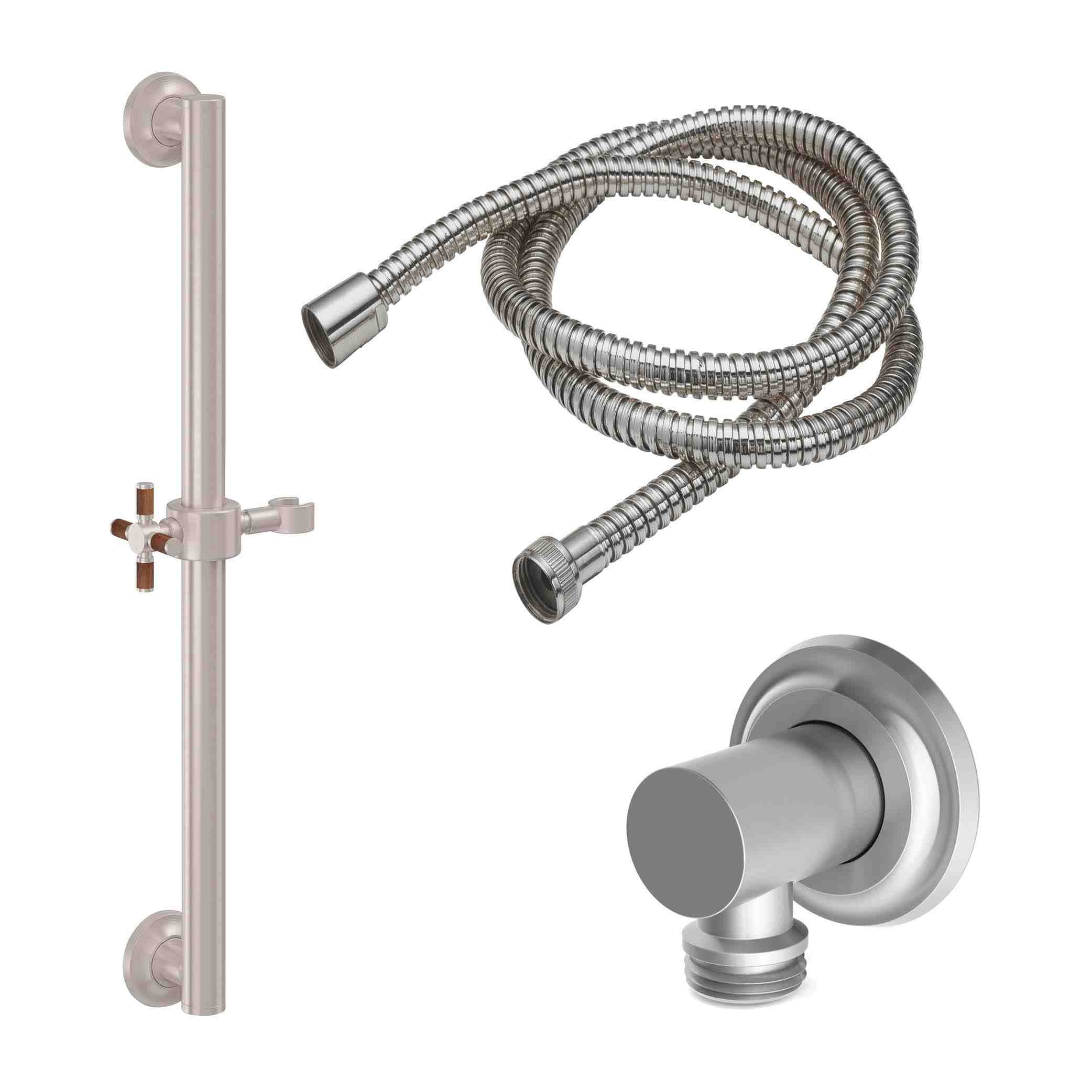 California Faucets Descanso 24" Kit de Regadera de Mano con Barra de Apoyo - Manija de Cruz de Teca con Base Cóncava - Níquel Satinado