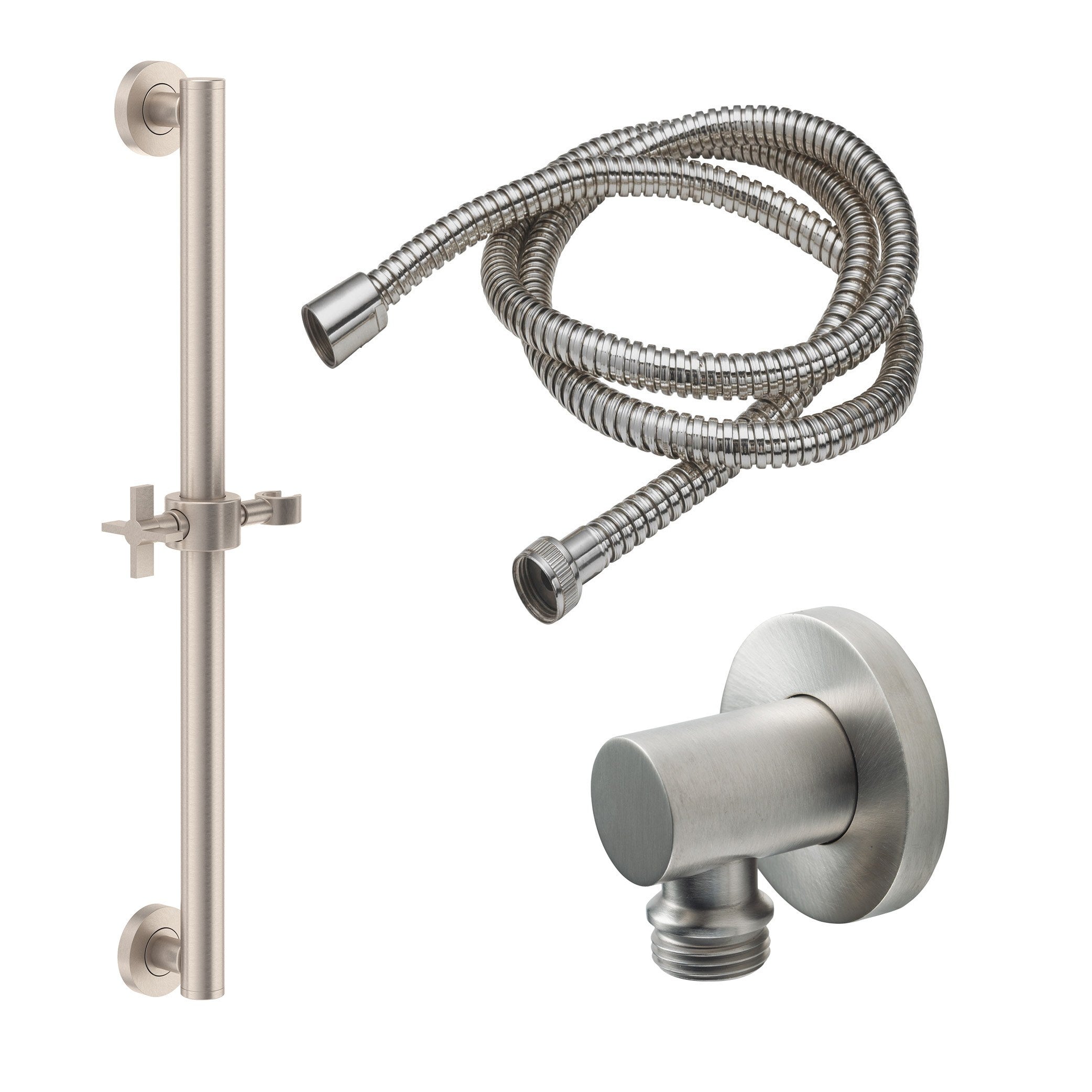 California Faucets Cayucos 24" Kit de Regadera de Mano con Barra de Apoyo - Manija de Cruz con Base Redonda - Níquel Satinado