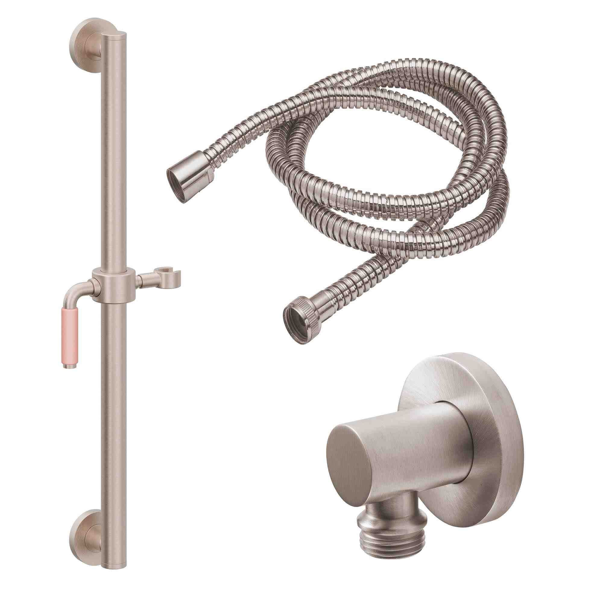 California Faucets Cayucos 24" Kit de Regadera de Mano con Barra de Apoyo - Manija de Palanca de Porcelana Rosa con Base de Línea - Níquel Satinado