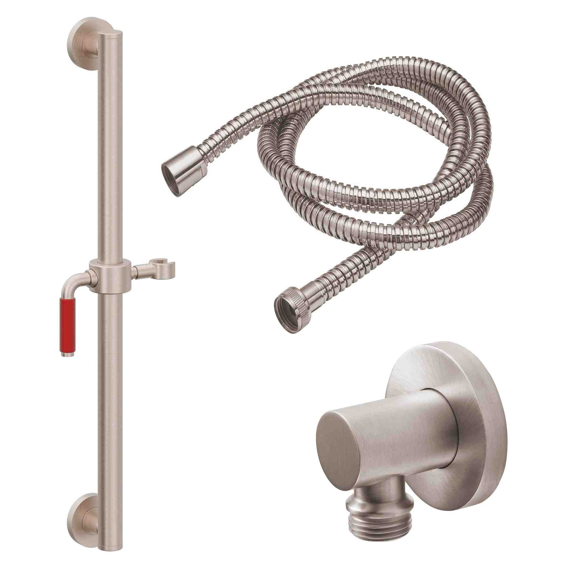 California Faucets Cayucos 24" Kit de Regadera de Mano con Barra de Apoyo - Manija de Palanca Roja con Base de Línea - Níquel Satinado