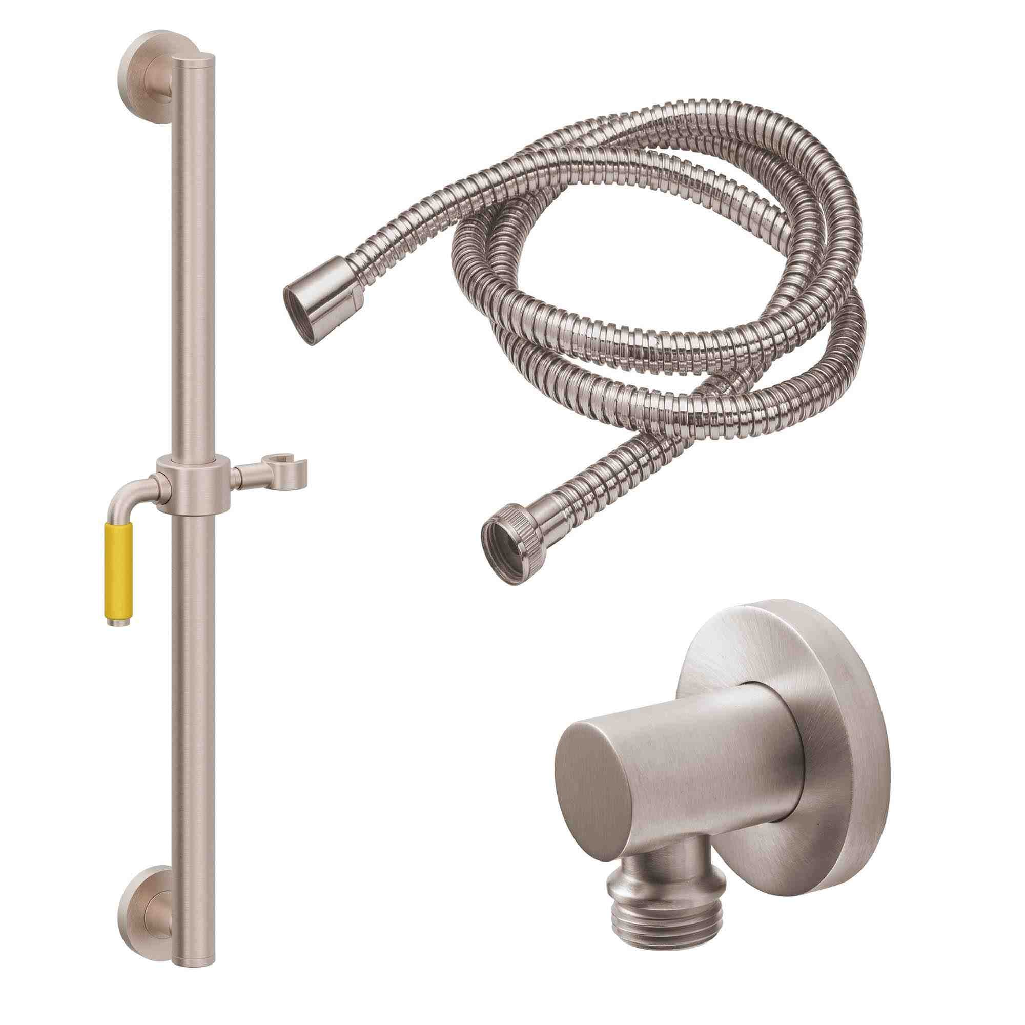 California Faucets Cayucos 24" Kit de Regadera de Mano con Barra de Apoyo - Manija de Palanca de Porcelana Amarilla con Base de Línea - Níquel Satinado