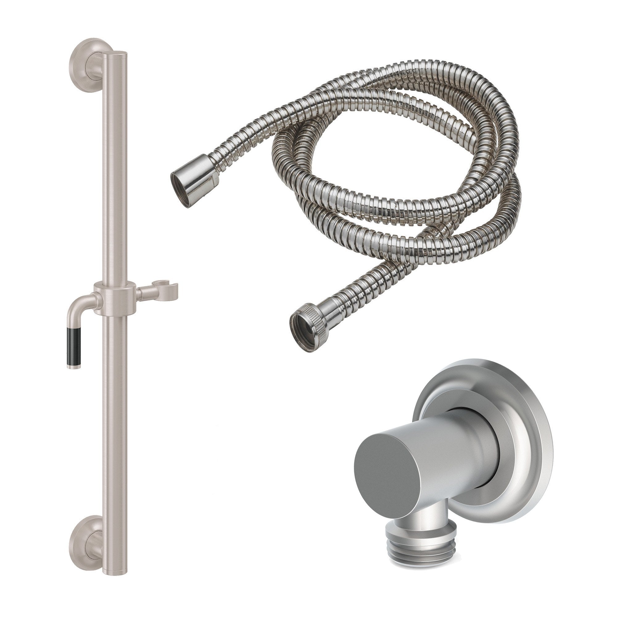 California Faucets Descanso 30" Kit de Regadera de Mano con Barra de Apoyo - Manija de Palanca de Fibra de Carbono con Base Cóncava - Níquel Satinado