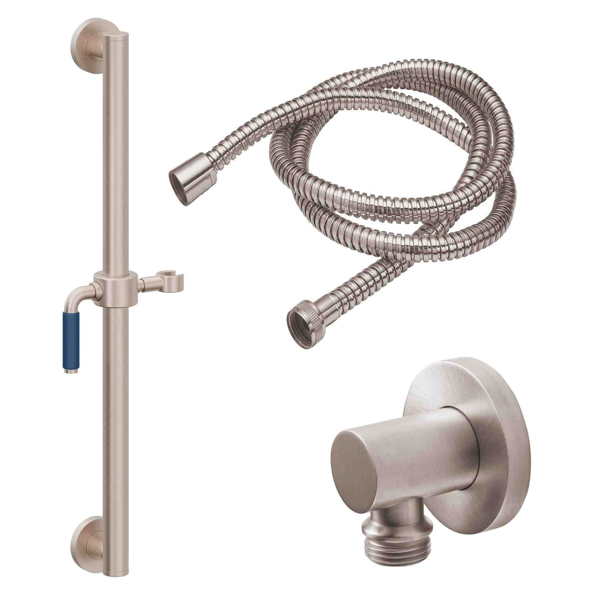 California Faucets Cayucos 30" Kit de Regadera de Mano con Barra de Apoyo - Manija de Palanca de Porcelana Azul con Base de Línea - Níquel Satinado