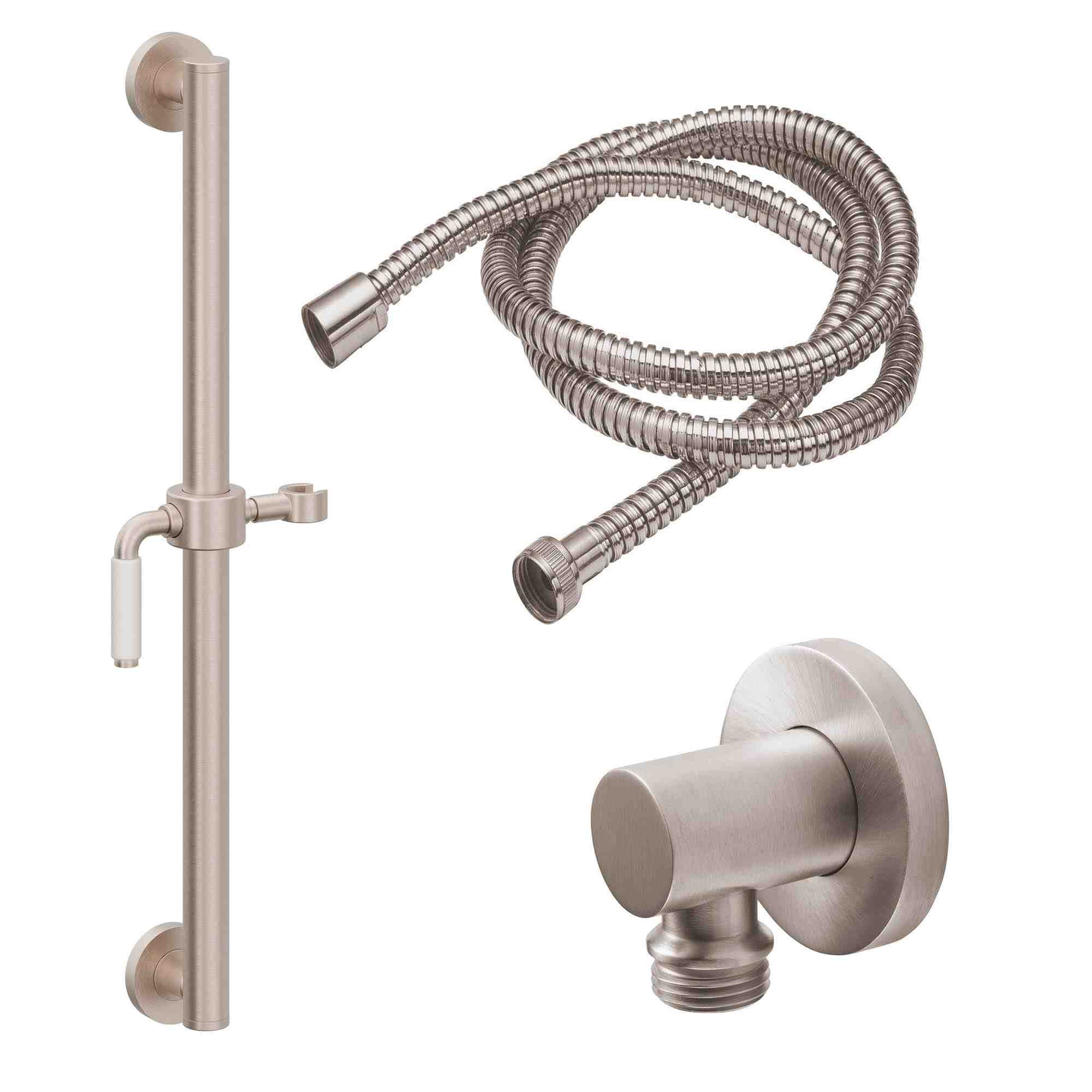 California Faucets Cayucos 30" Kit de Regadera de Mano con Barra de Apoyo - Manija de Palanca de Porcelana Blanca con Base de Línea - Níquel Satinado