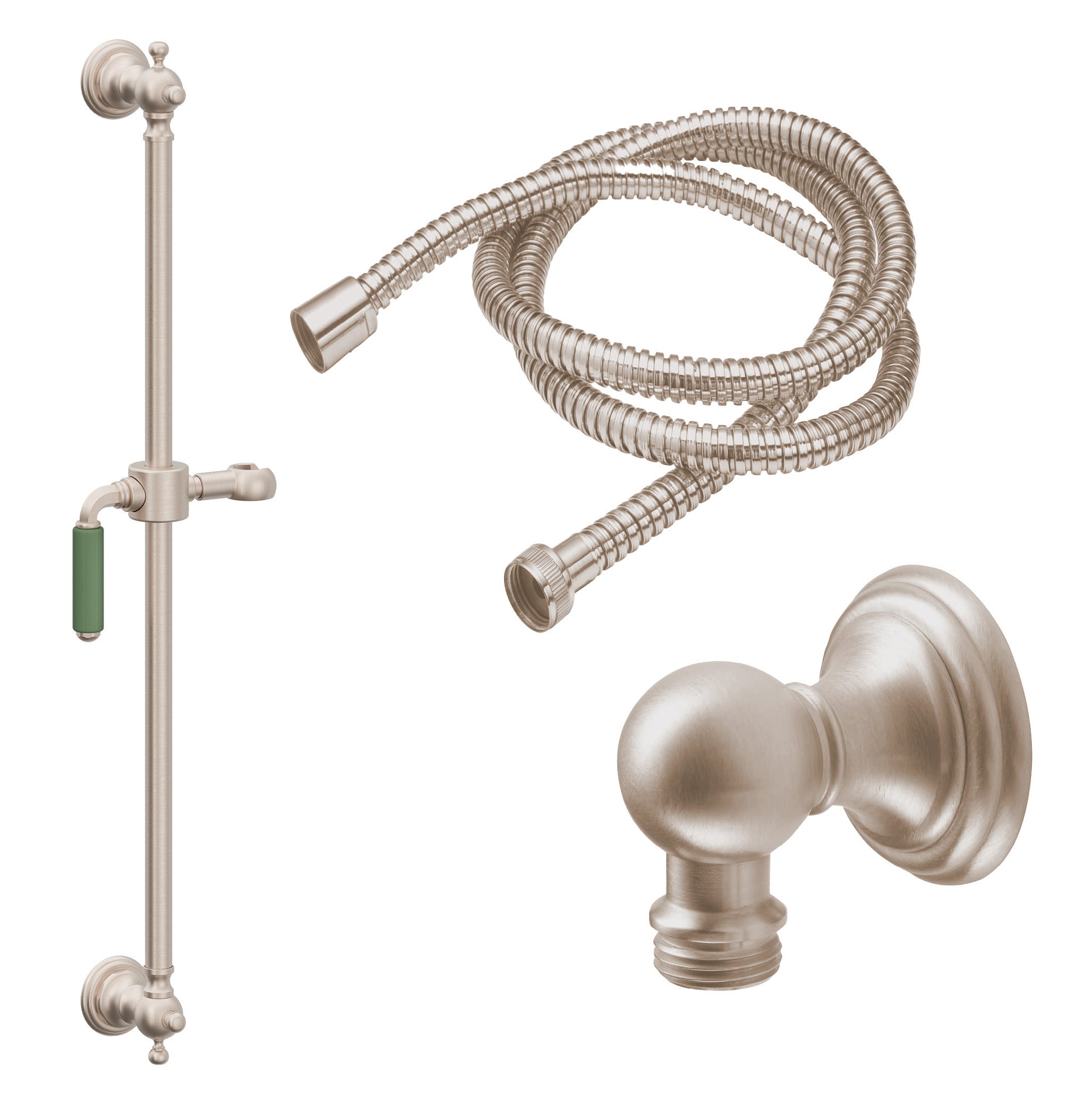 California Faucets Del Mar Kit de Regadera de Mano con Barra Corrediza - Manija de Palanca de Porcelana Verde con Base de Línea - Níquel Satinado