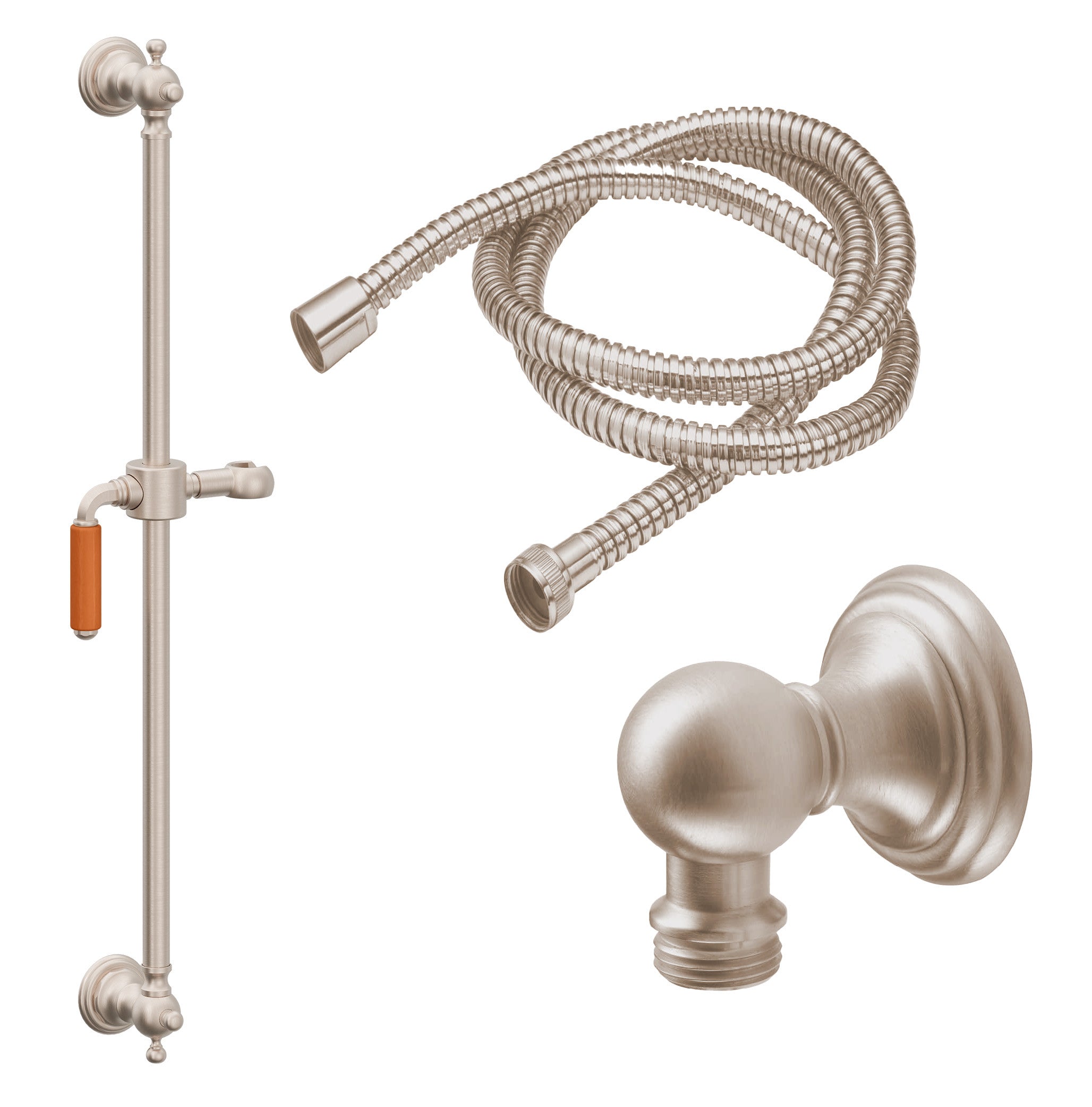 California Faucets Del Mar Kit de Regadera de Mano con Barra Corrediza - Manija de Palanca de Porcelana Naranja con Base de Línea - Níquel Satinado