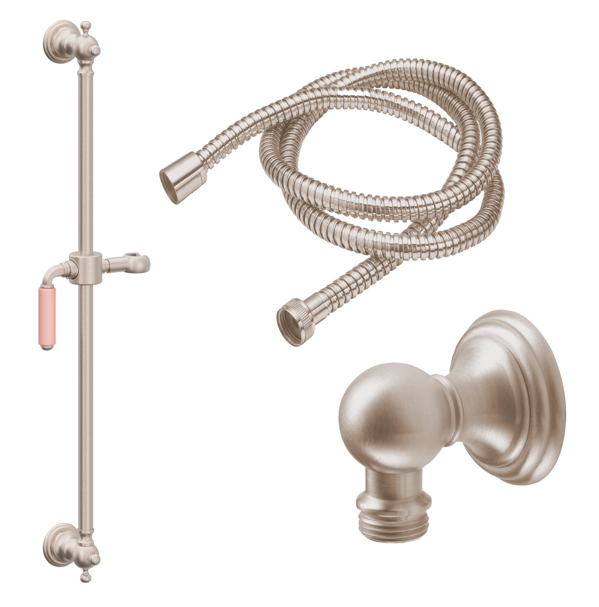 California Faucets Del Mar Kit de Regadera de Mano con Barra Corrediza - Manija de Palanca de Porcelana Rosa con Base de Línea - Níquel Satinado