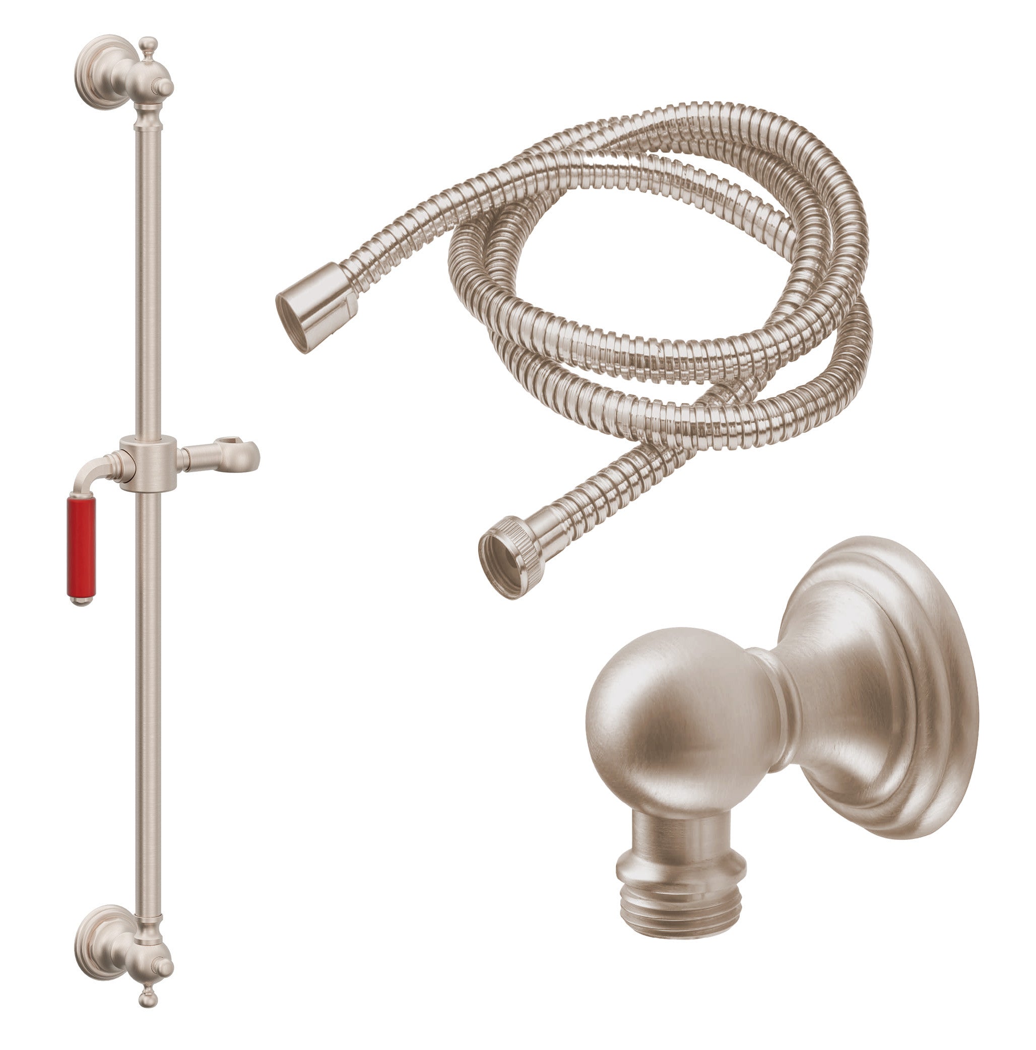 California Faucets Del Mar Kit de Regadera de Mano con Barra Corrediza - Manija de Palanca Roja con Base de Línea - Níquel Satinado