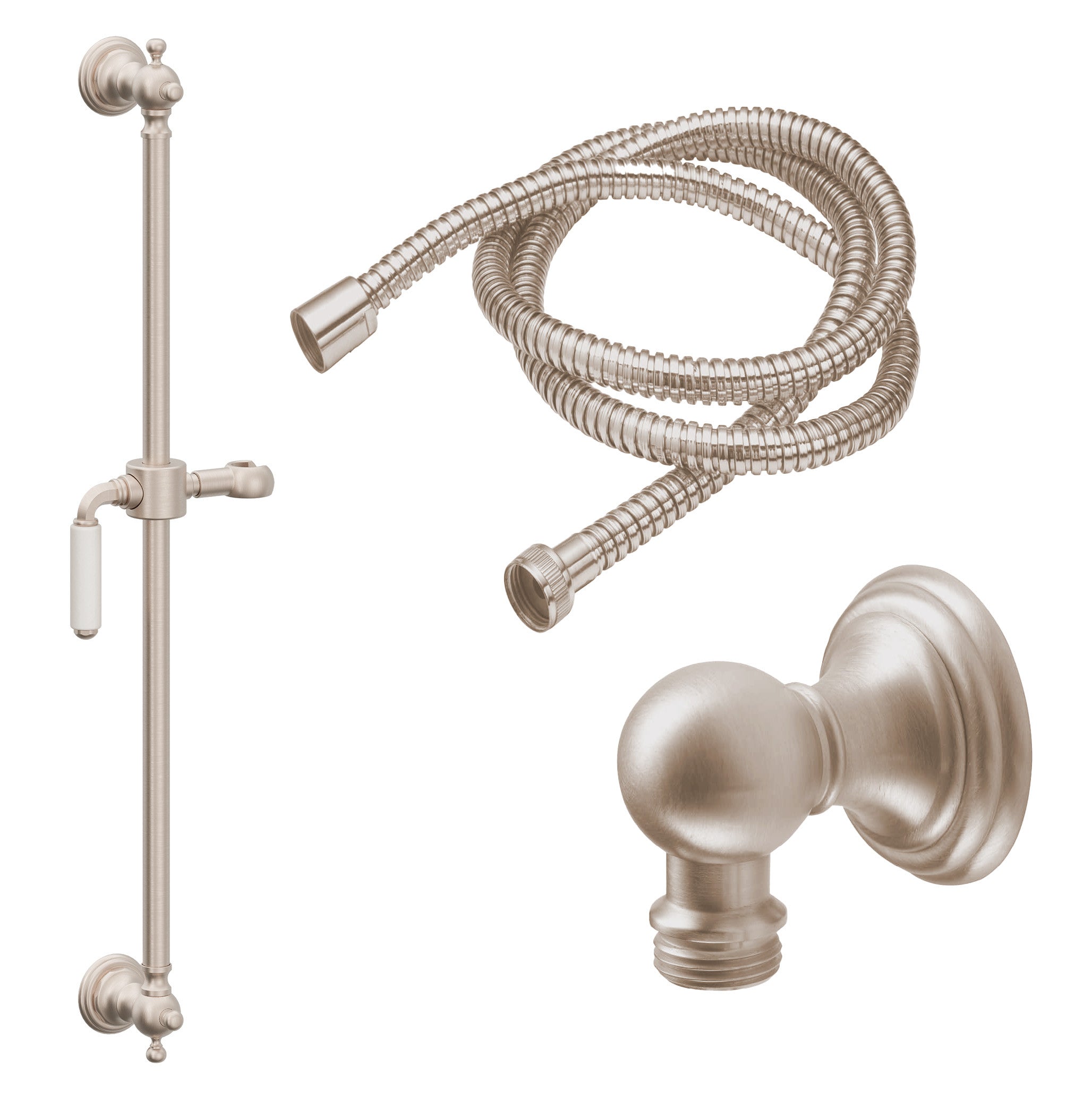 California Faucets Del Mar Kit de Regadera de Mano con Barra Corrediza - Manija de Palanca de Porcelana Blanca con Base de Línea - Níquel Satinado
