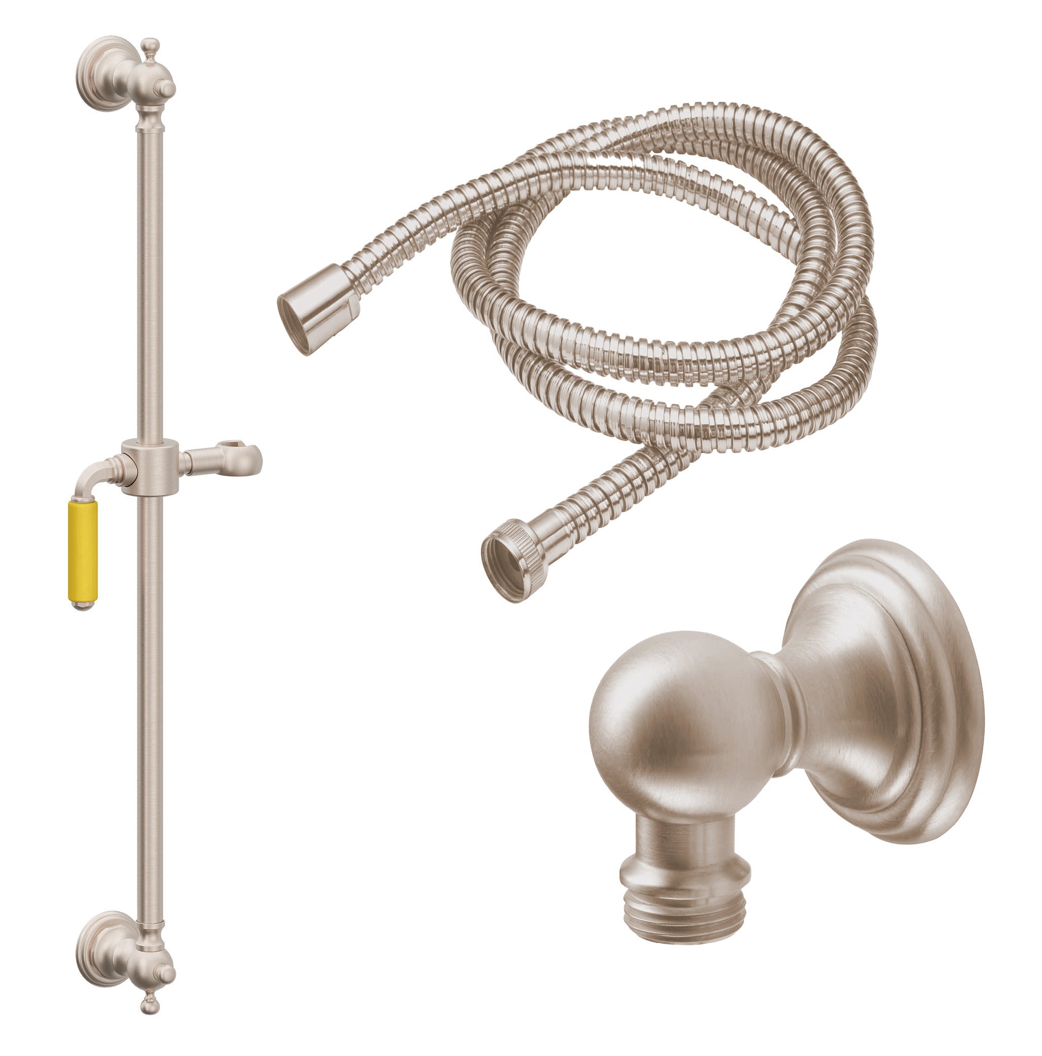 California Faucets Del Mar Kit de Regadera de Mano con Barra Corrediza - Manija de Palanca de Porcelana Amarilla con Base de Línea - Níquel Satinado