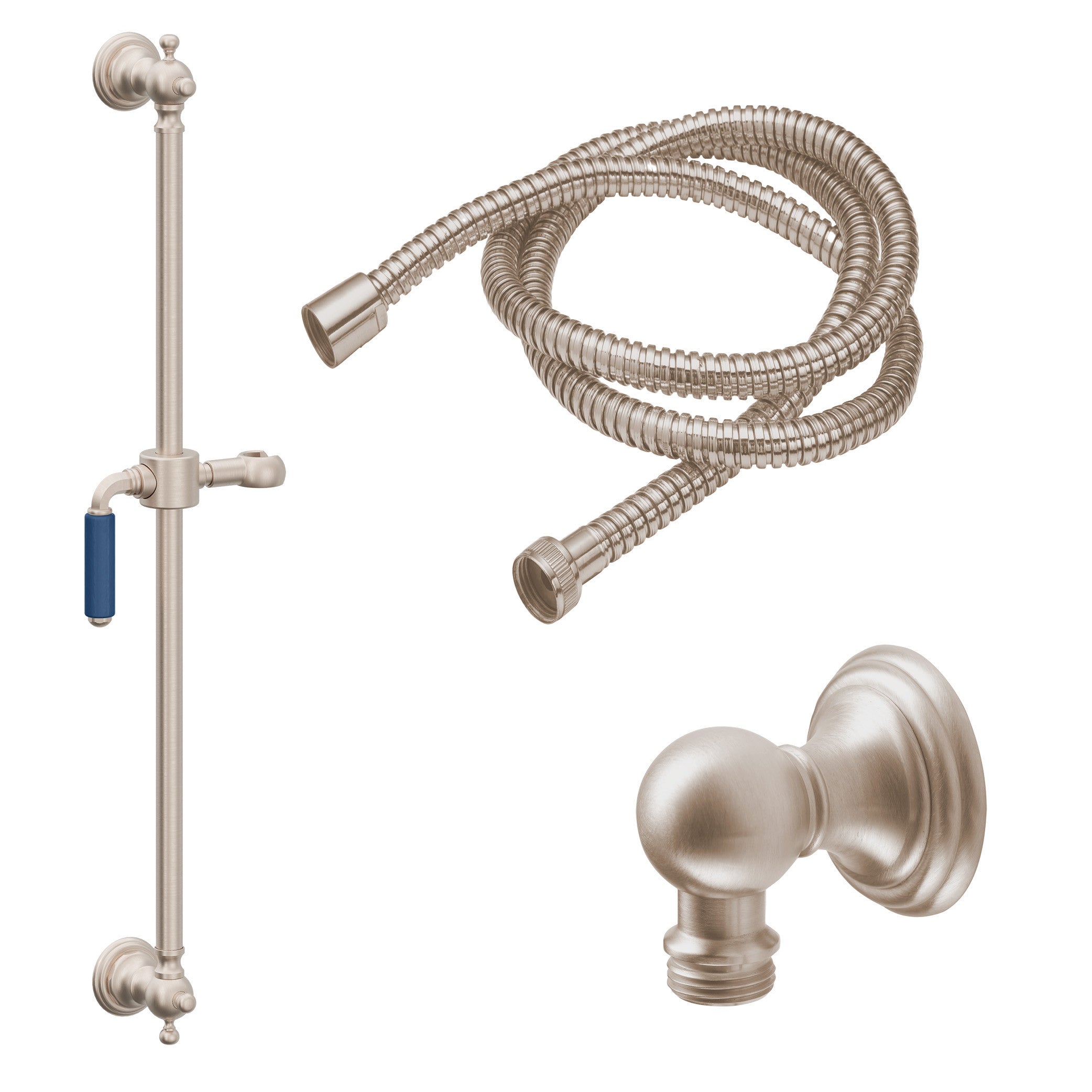 California Faucets Del Mar 24" Kit de Regadera de Mano con Barra de Apoyo - Manija de Palanca de Porcelana Azul con Base de Línea - Níquel Satinado