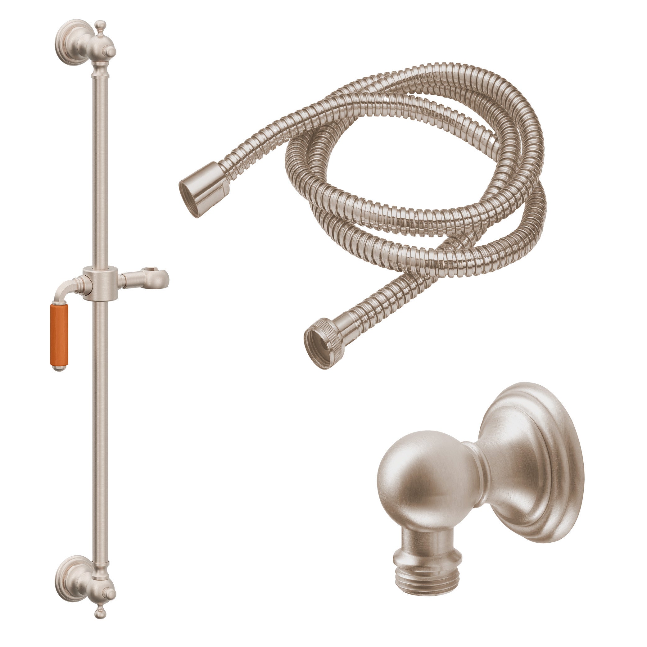 California Faucets Del Mar 24" Kit de Regadera de Mano con Barra de Apoyo - Manija de Palanca de Porcelana Naranja con Base de Línea - Níquel Satinado