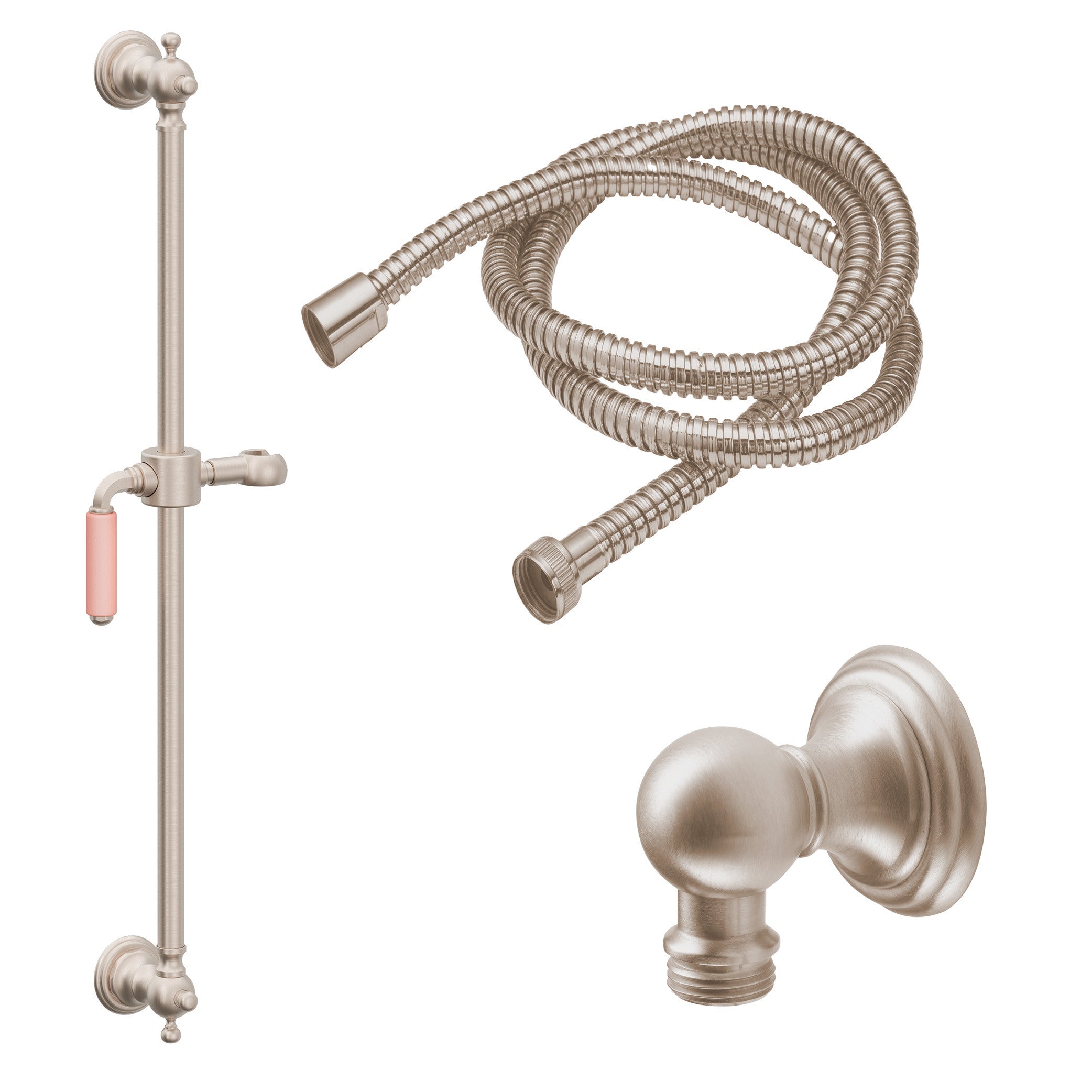 California Faucets Del Mar 24" Kit de Regadera de Mano con Barra de Apoyo - Manija de Palanca de Porcelana Rosa con Base de Línea - Níquel Satinado