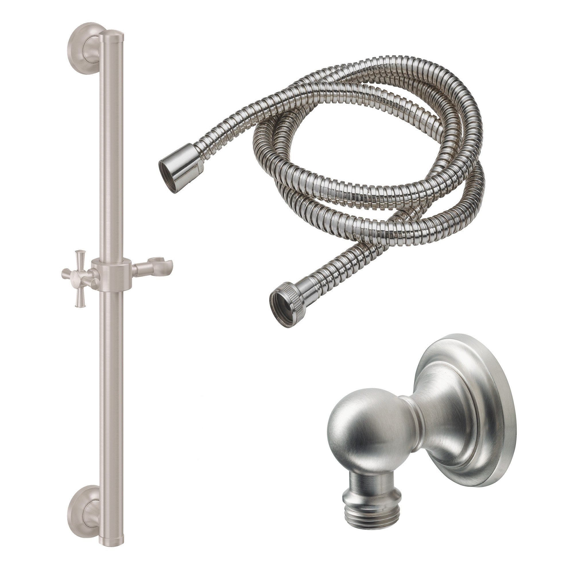 California Faucets Miramar Kit de Regadera de Mano con Barra de Apoyo de 30" - Manija de Cruz, Base Cóncava - Níquel Satinado