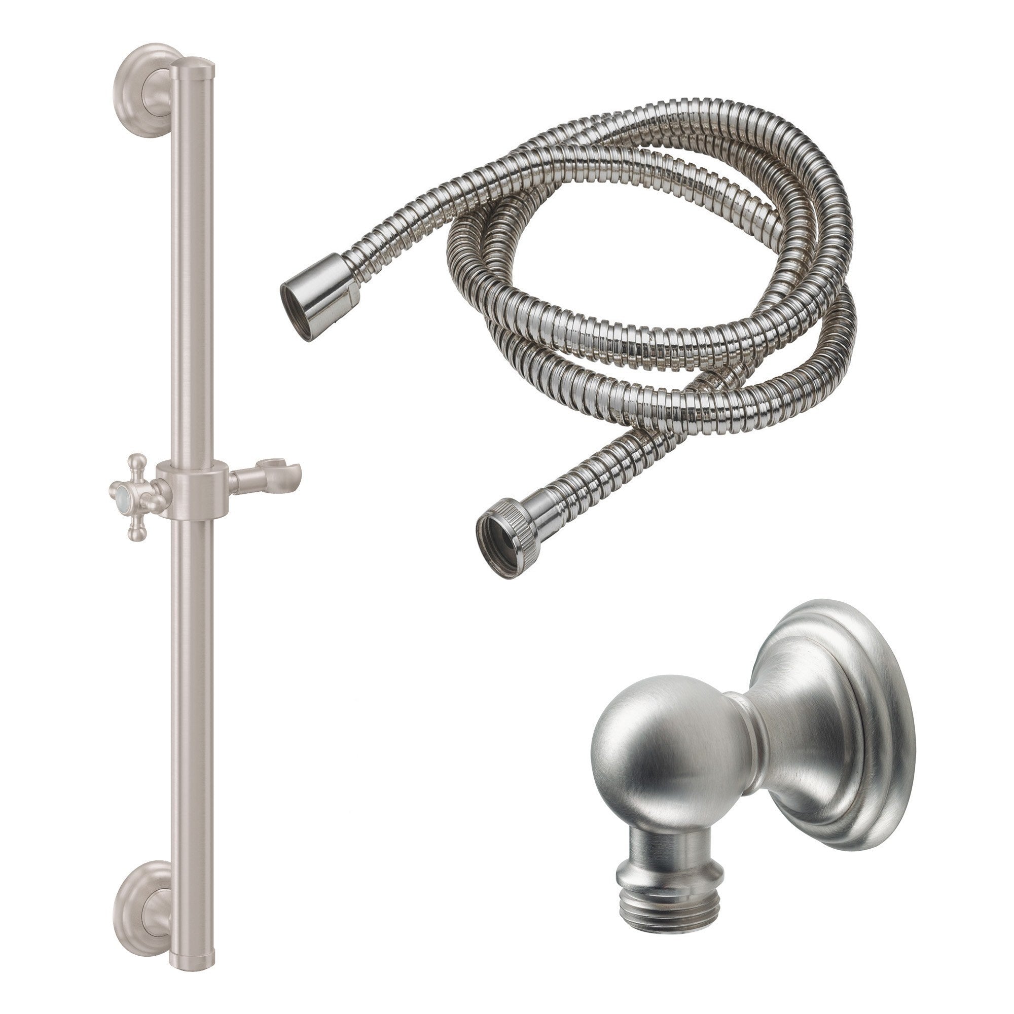 California Faucets Del Mar 30" Kit de Regadera de Mano con Barra de Apoyo - Manija de Cruz con Base de Línea - Níquel Satinado
