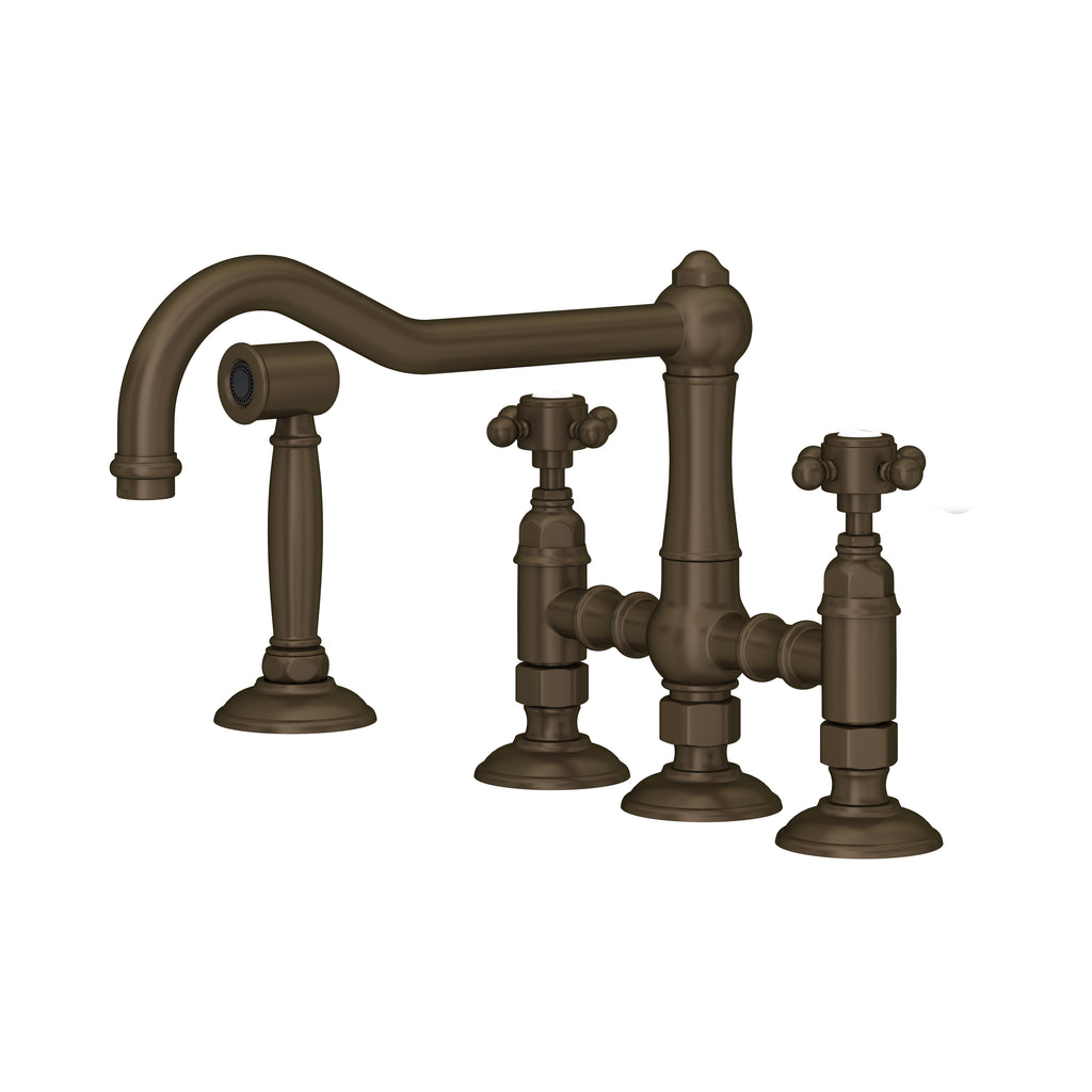 Rohl Acqui Mezcladora de Cocina Tipo Puente con Aspersor Lateral - Manija de Cruz - Latón Toscano