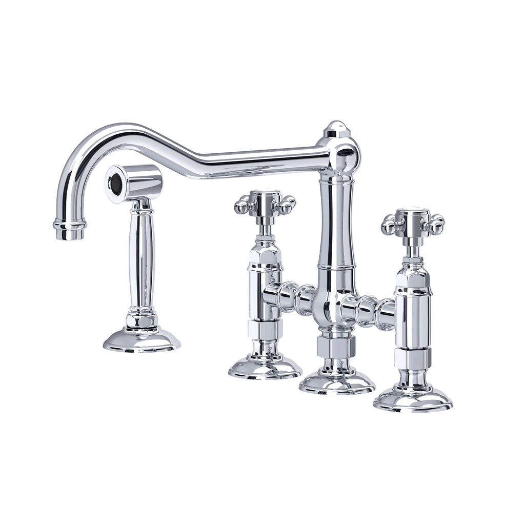 Rohl Acqui Mezcladora de Cocina Tipo Puente con Aspersor Lateral - Manija de Cruz - Cromo Pulido