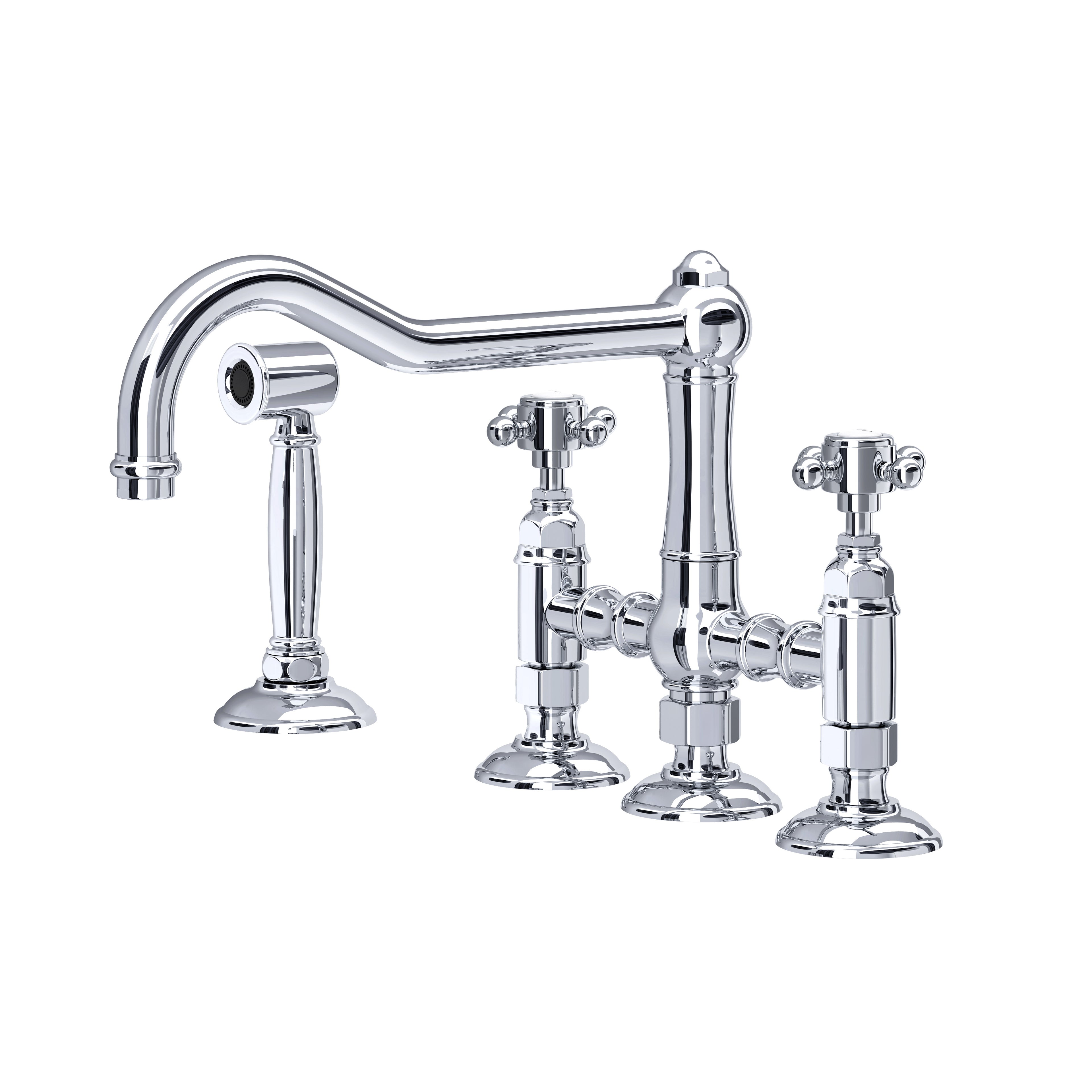 Rohl Acqui Mezcladora de Cocina Tipo Puente con Aspersor Lateral - Manija de Cruz - Cromo Pulido